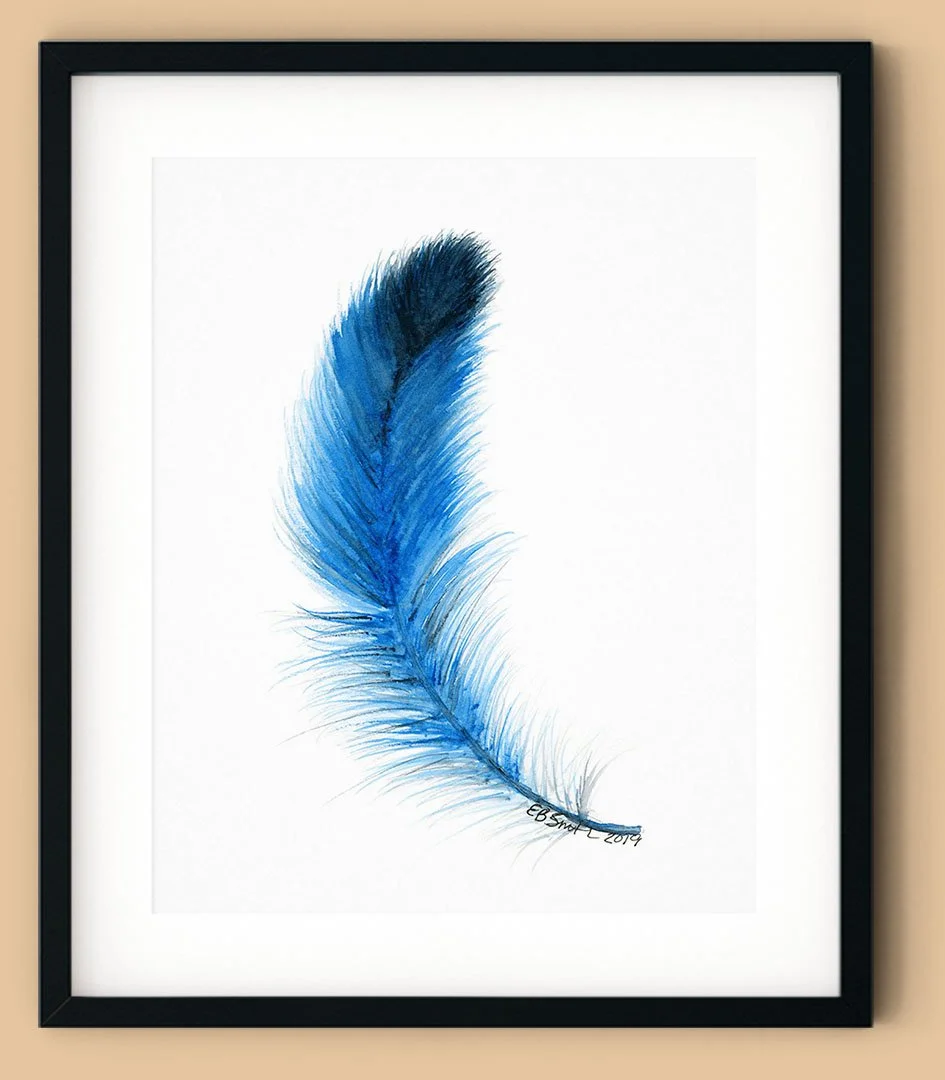 Watercolor-Feather-Floating-Blue-Black-Frame-MamaDuck-Art-Beth-Smith.jpg