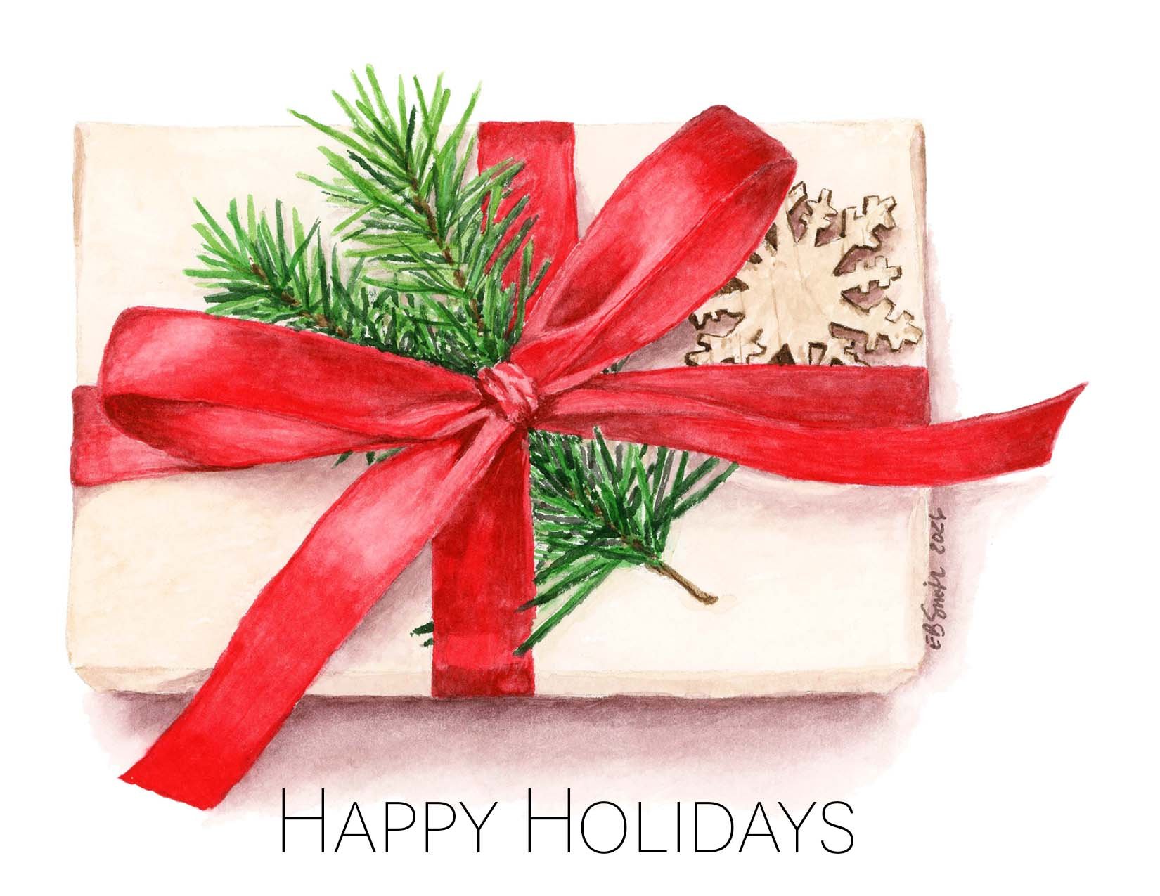 Watercolor-Gift-Red-Bow-Evergreen-Greeting-Card-Happy-Holidays-MamaDuck-Art-Beth-Smith.jpg