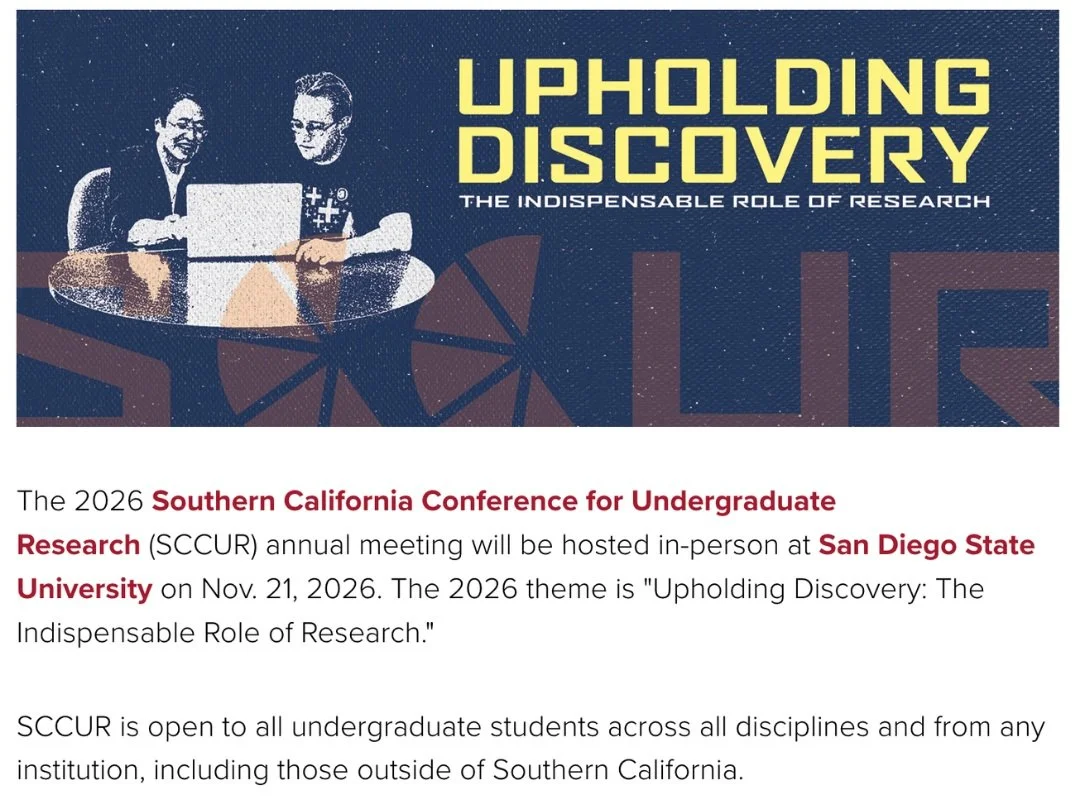☀️ Imagine yourself here on 11.21.26&mdash;presenting your research at SCCUR 2026!

Join us at San Diego State University for a day celebrating undergraduate research, connecting with fellow scholars, and enjoying a little San Diego sunshine. 🌴
📣 S