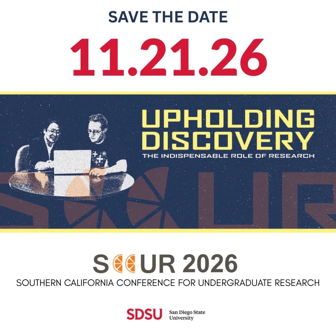 📣 SAVE THE DATE!

SCCUR 2026 | November 21, 2026
📍 San Diego State University

Join us for a day celebrating undergraduate research, scholarship, and discovery with students and faculty from across the region.

☀️Sun + student scholars + SDSU = SCC