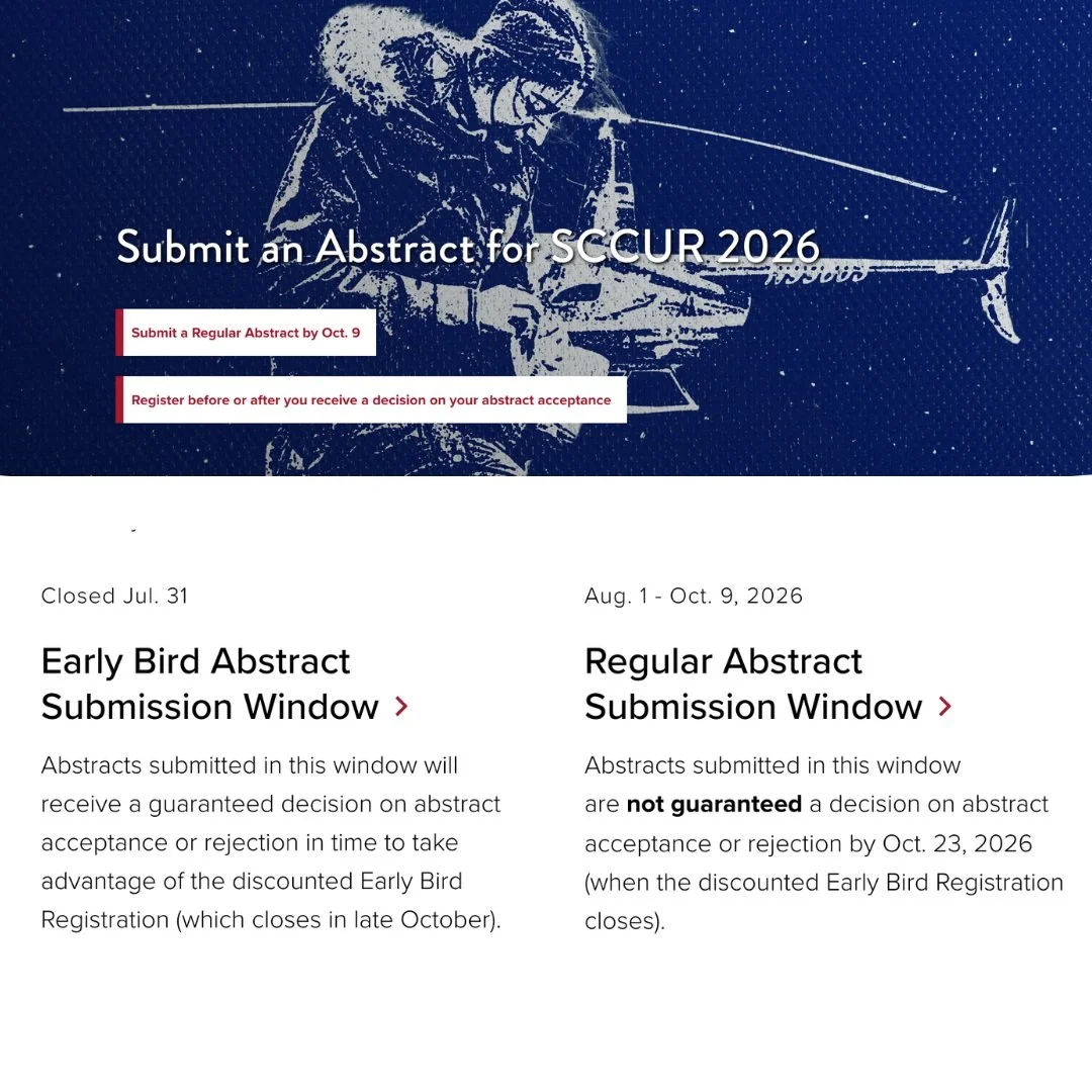 🔬 Ready to share your research? Submit your abstract to SCCUR!
Missed the early-bird abstract deadline? There&rsquo;s still time to participate!

📣 Regular Abstract Submission: August 1&ndash;October 9
Share your work, present your research, and jo