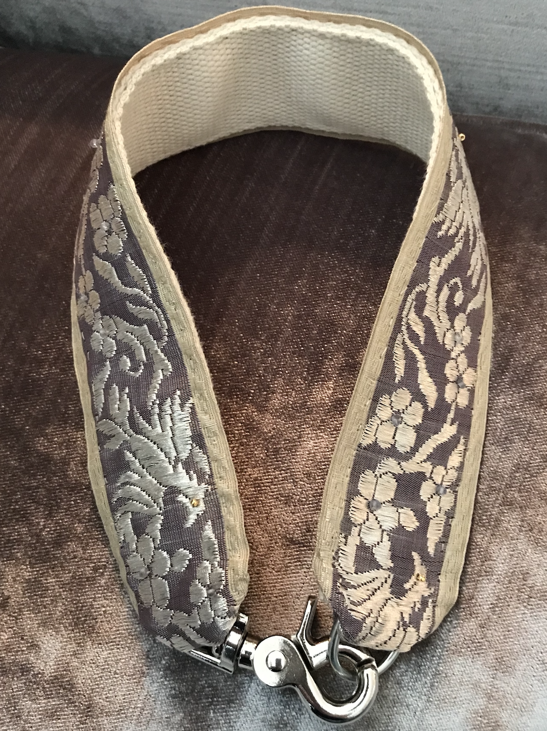 Silver shot ribbon (1920's), 22kt gold beads, amethyst. Hand-sewn. 

Click image to view.