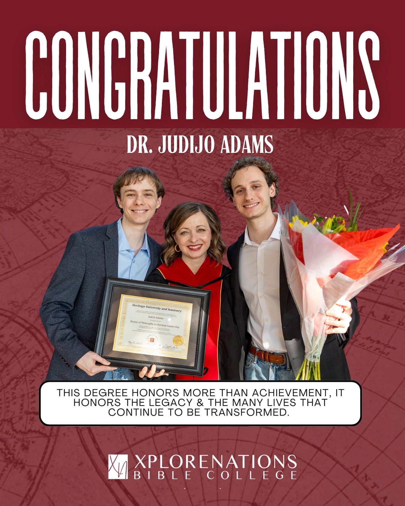 The legacy of this family speaks volumes and God gets all the glory! We are thankful for you Dr. JudiJo Adams and we honor you in this timely achievement. We stand with you in seeing many more lives changed for the Kingdom of God. Let&rsquo;s do this