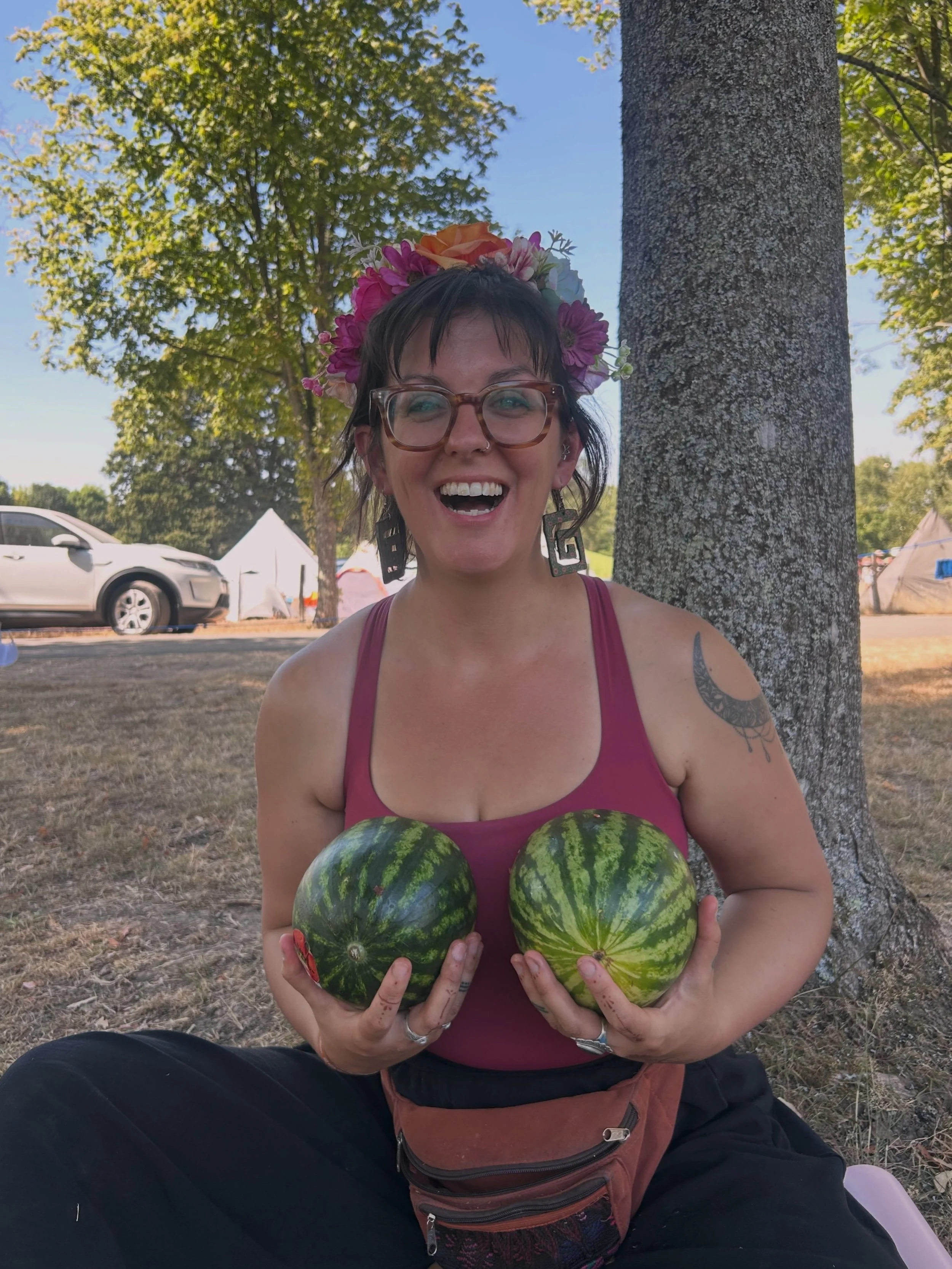 A snapshot of a wild and wonderful few days away at @medicinefestival ✨ 

1. Watermelon boobs
2. Medicine stage
3. Peace Lotus
4. Cacao ceremony 
5. Met a sleepy dormouse in the woods
6. Tea party 
7. Yoga with @catmeffan 
8. Altars
9. Prayer weaving