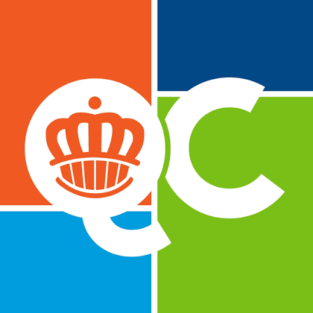 A colorful logo with four quadrants in orange, blue, and green, featuring a crown inside a speech bubble and a large white letter 'C'.