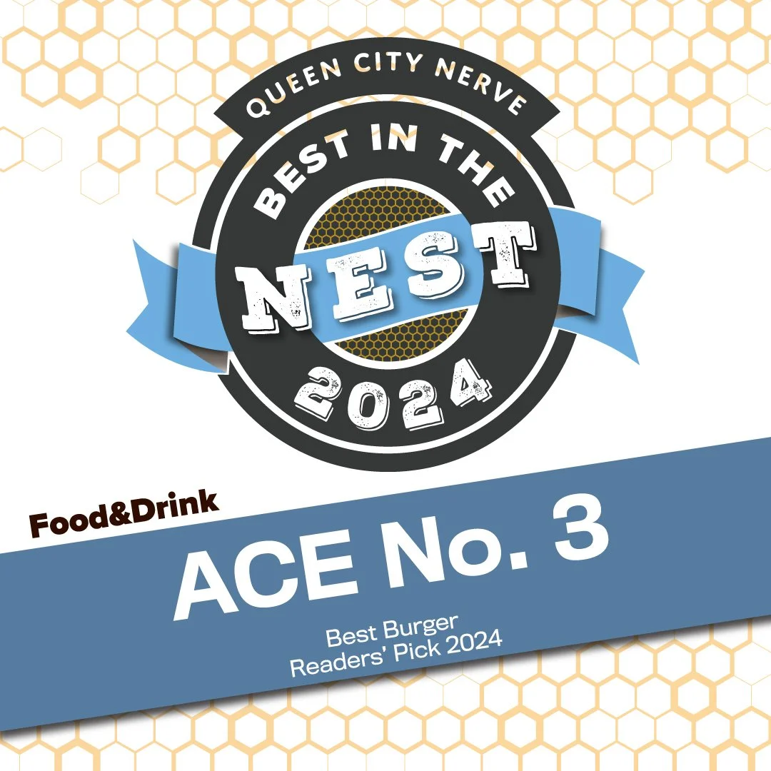 Badge and text highlighting the best burger in Queen City Nerve for 2024, specifically Ace No. 3, as voted by readers, with background featuring honeycomb patterns.