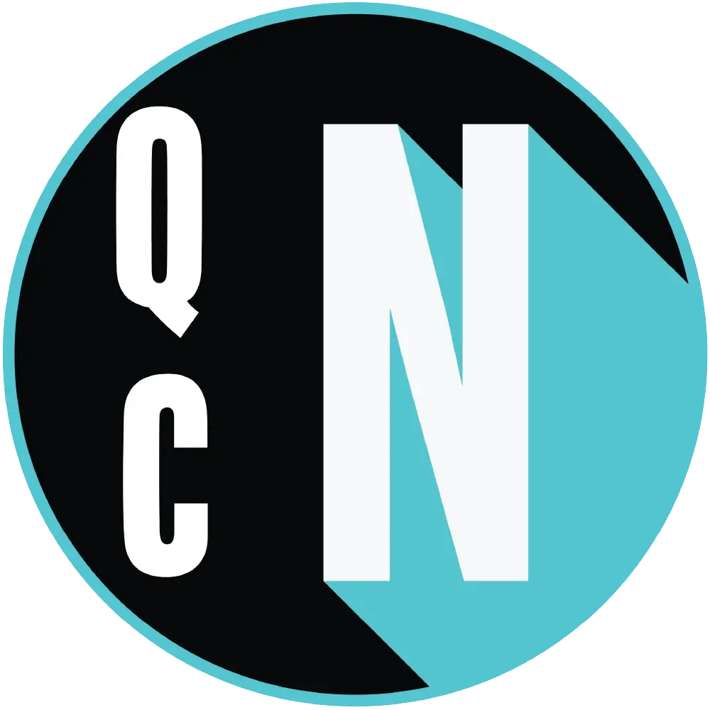 Circular logo with black and light blue background, featuring the letters Q, C, and N in white text.