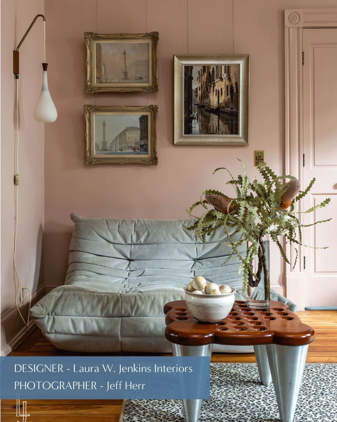 Pleasantly Pink, this space is very approachable and welcoming. Perhaps it&rsquo;s the playfulness of the floral arrangement or the visibly comfortable Ducaroy chair that entices us to linger. @laurawjenkinsinteriors has skillfully blended diverse de