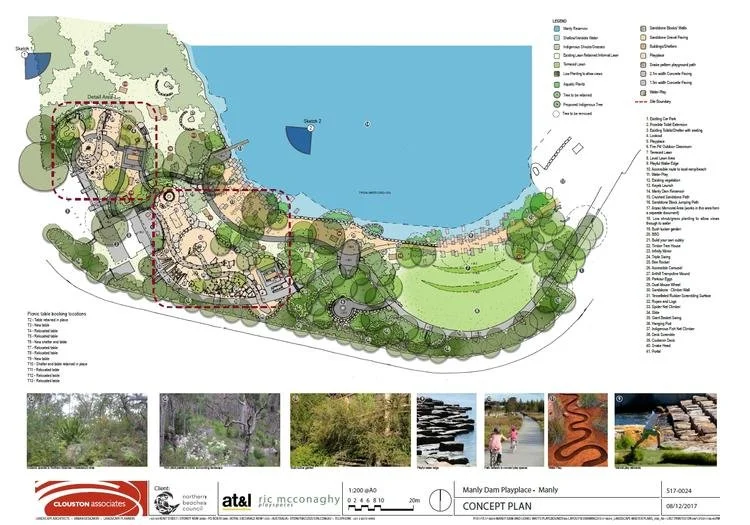 Landscape design plan for a park or recreational area featuring a lake or large water body, pathways, green spaces, trees, and various designated sections for different uses such as seating, play areas, and planting zones, with a legend and photos of existing landscape elements.