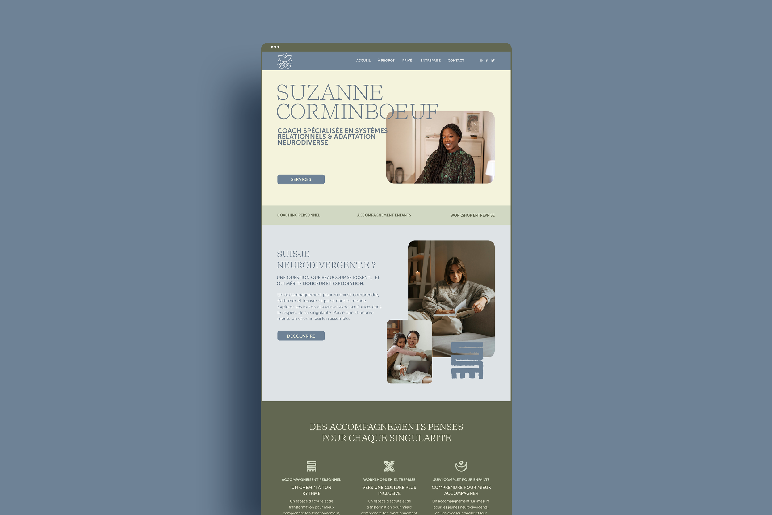 Capture d'écran d'une page web personnelle présentant le profil de Suzanne Corminboeuf, coach spécialisée en systèmes relationnels et adaptation neurodiverse, avec des sections sur ses services, ses méthodes, et des images de personnes.