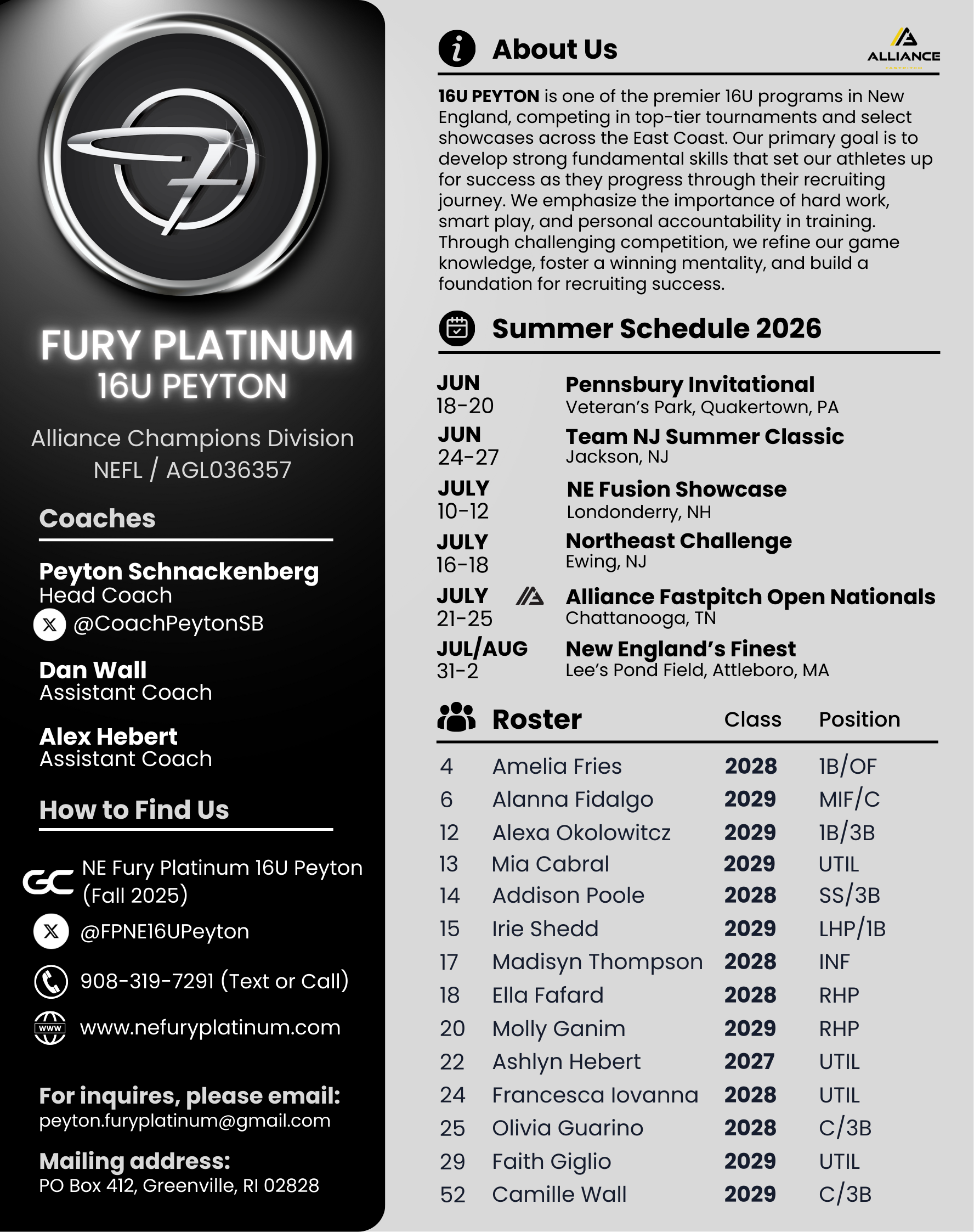 Team flyer for Fury Platinum 16U Peyton softball team featuring team logo, coaching staff, summer schedule, roster, and contact information.