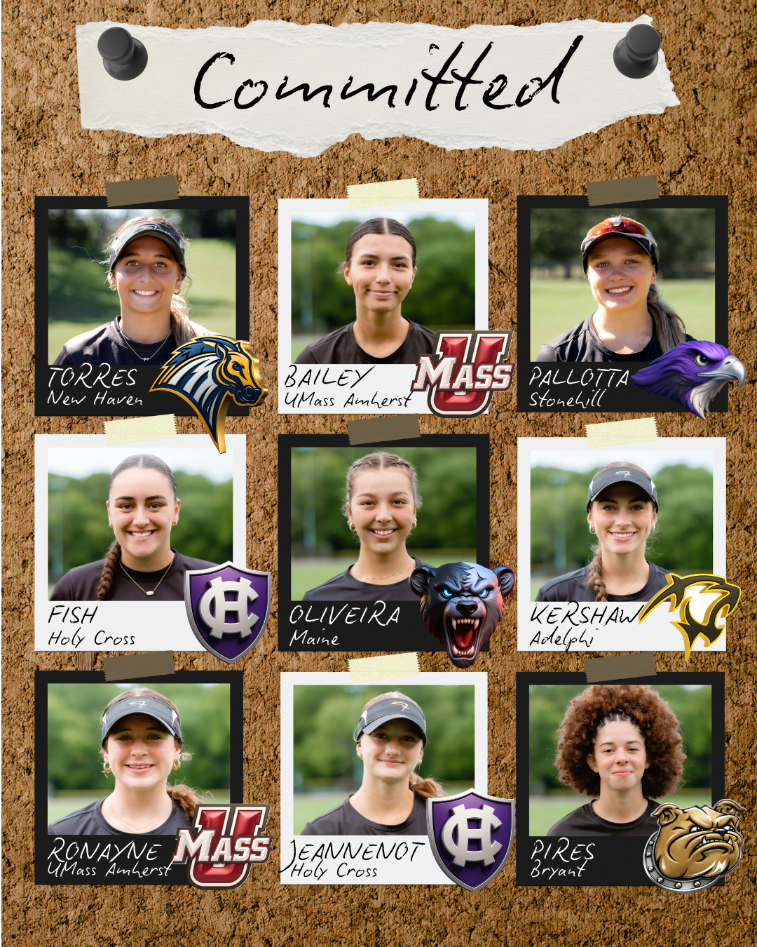 A bulletin board with photos of nine young women, each labeled with a name and school, under a tag that reads 'Committed'. The photos are decorated with respective school mascots or logos.