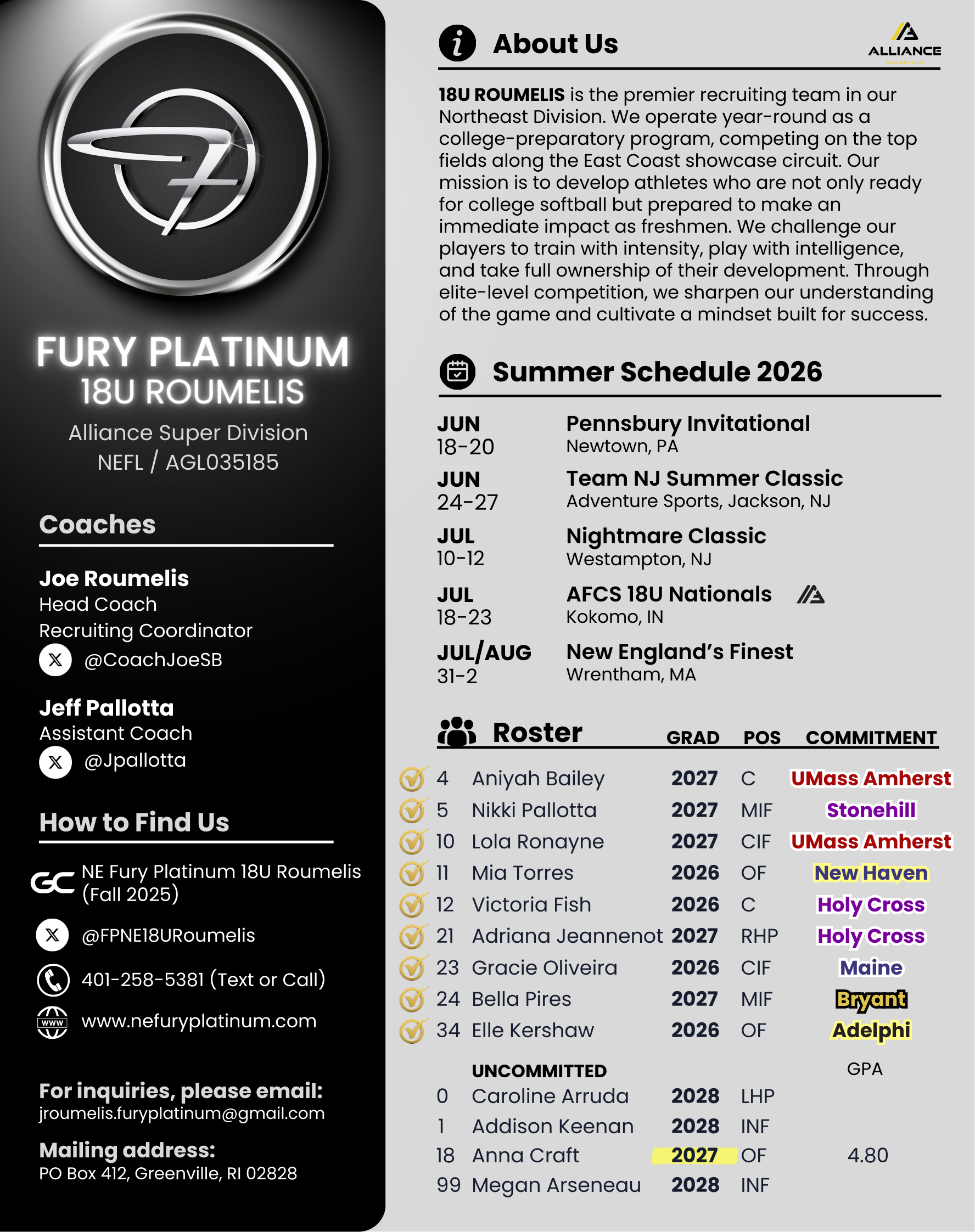 Team Fury Platinum 18U Roumelis softball team roster and schedule information for summer 2026, including coach contact details, roster of players with graduation years, positions, commitments, and upcoming tournaments.