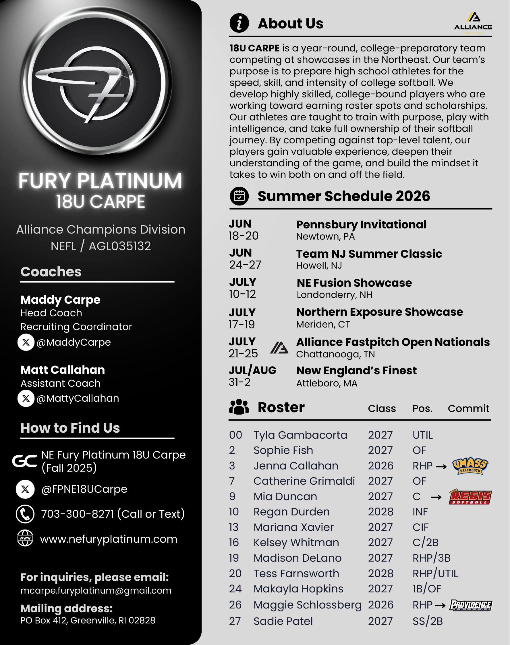 Team Fury Platinum 18U Carpe softball team schedule and information, featuring team logo with a stylized 'F', list of coaches, roster, and summer tournament schedule for summer 2026.