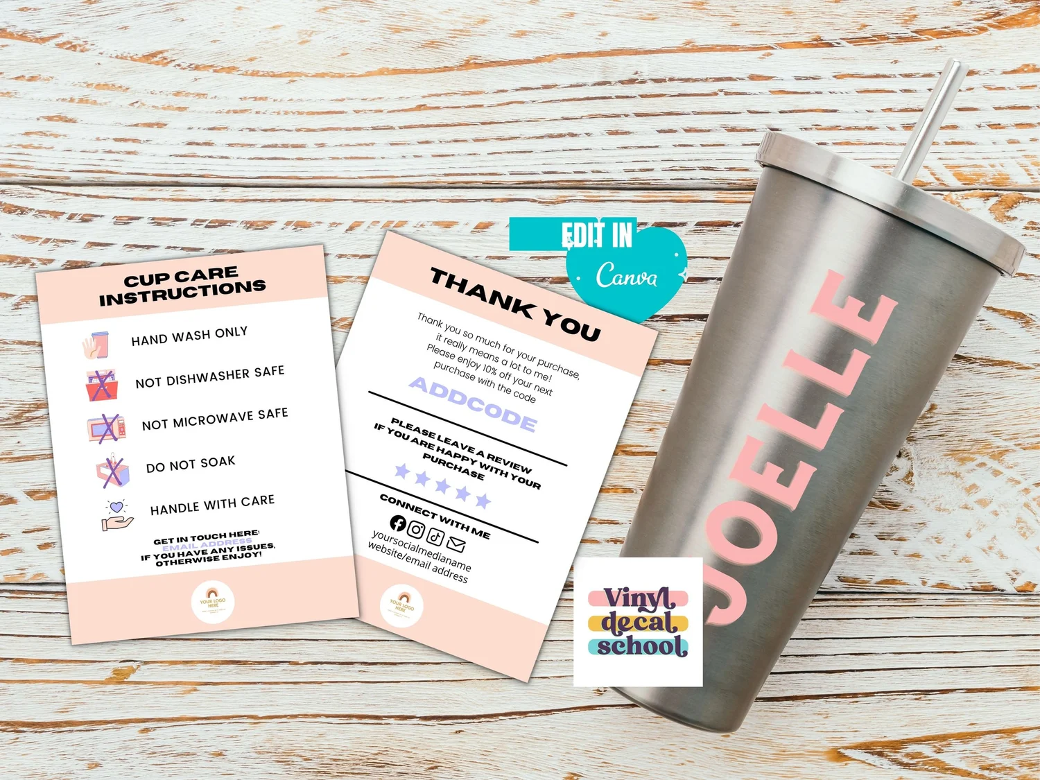 Printable & Editable Vinyl Cup Care Instructions and Thank You Card  Vinyl  Decal School