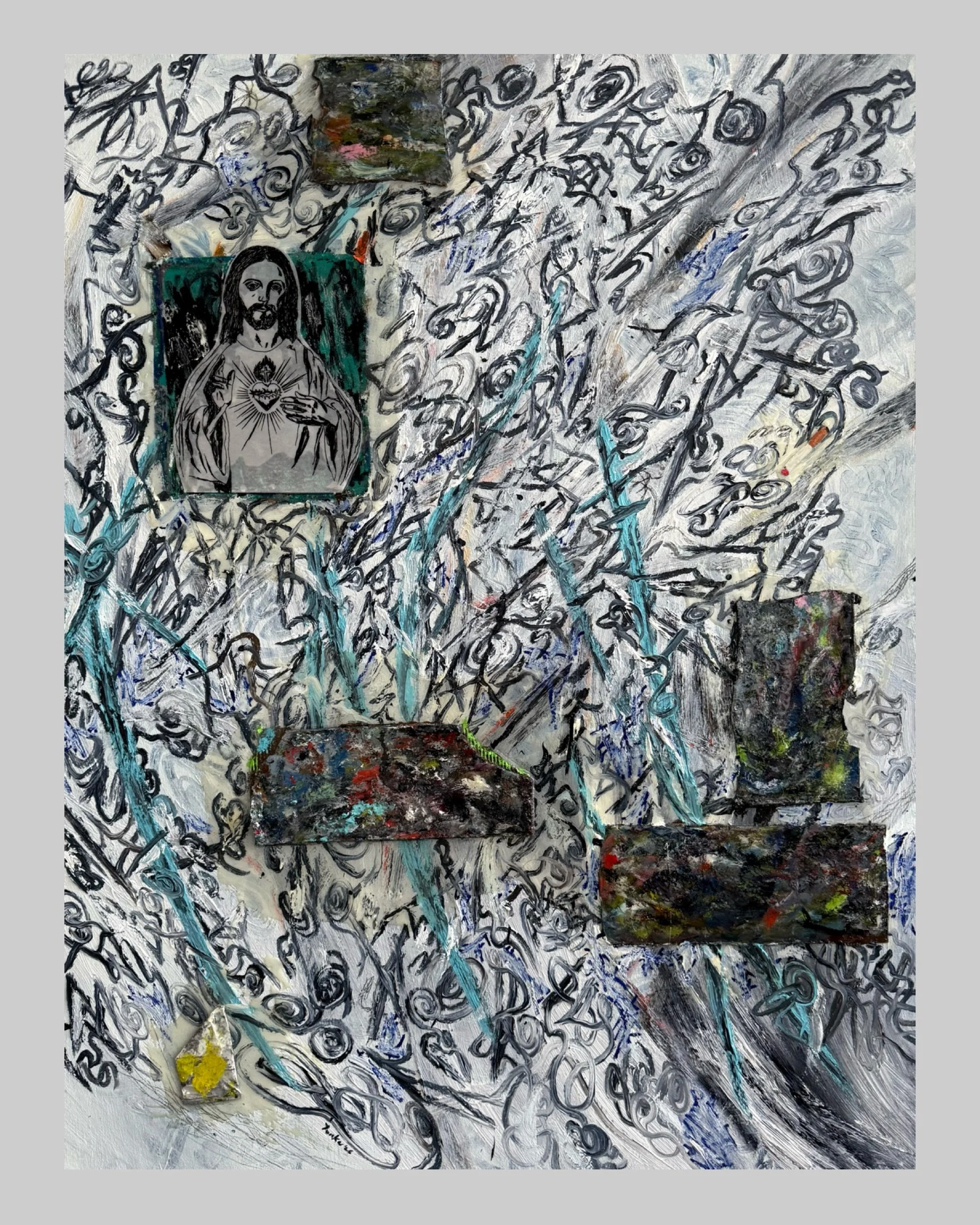 “Christ Collage” 48” x 36” Oil, acrylic, ink, resin, cardboard on canvas (2026)