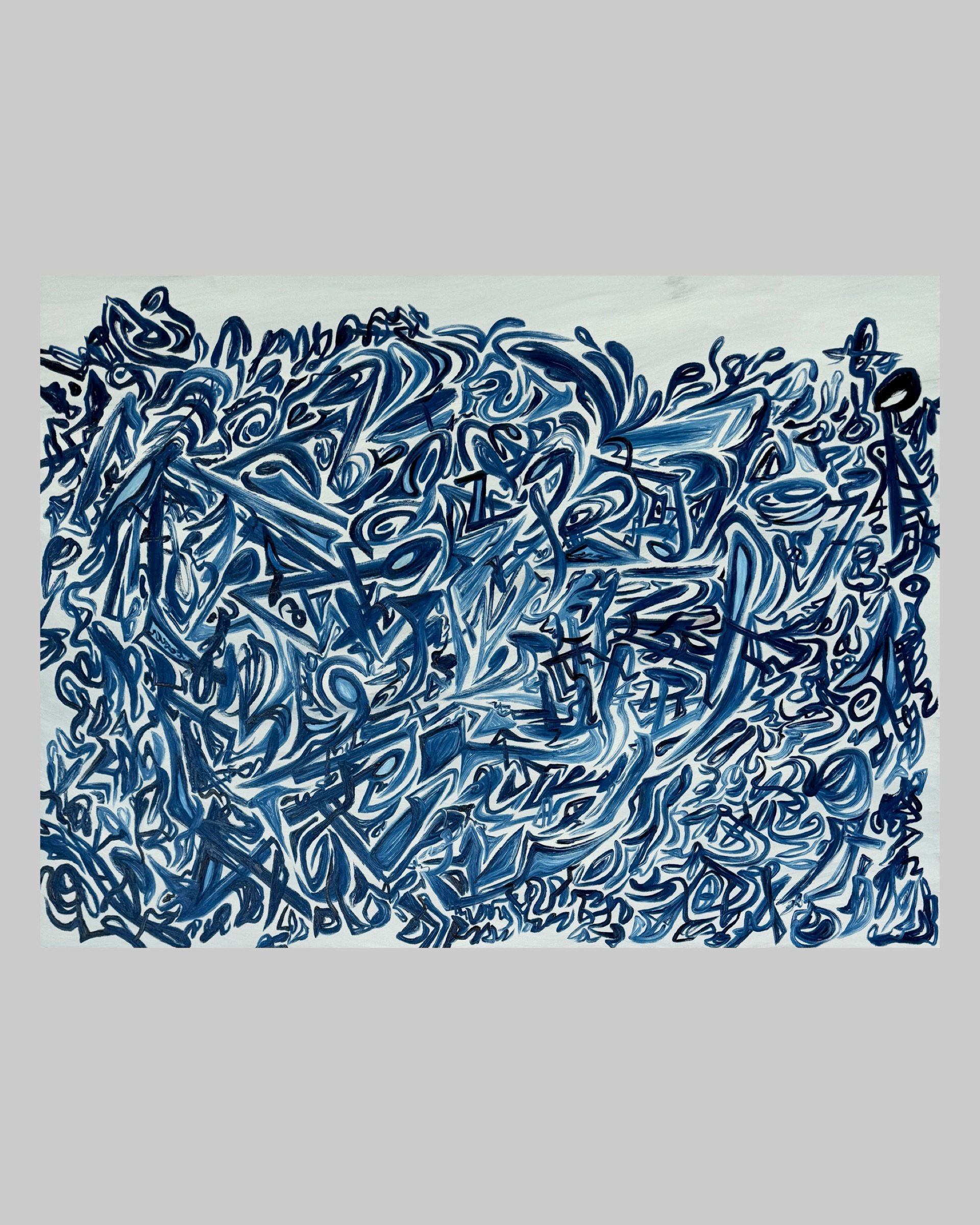 Abstract painting with intricate blue and black scribbles and swirls on a white background.