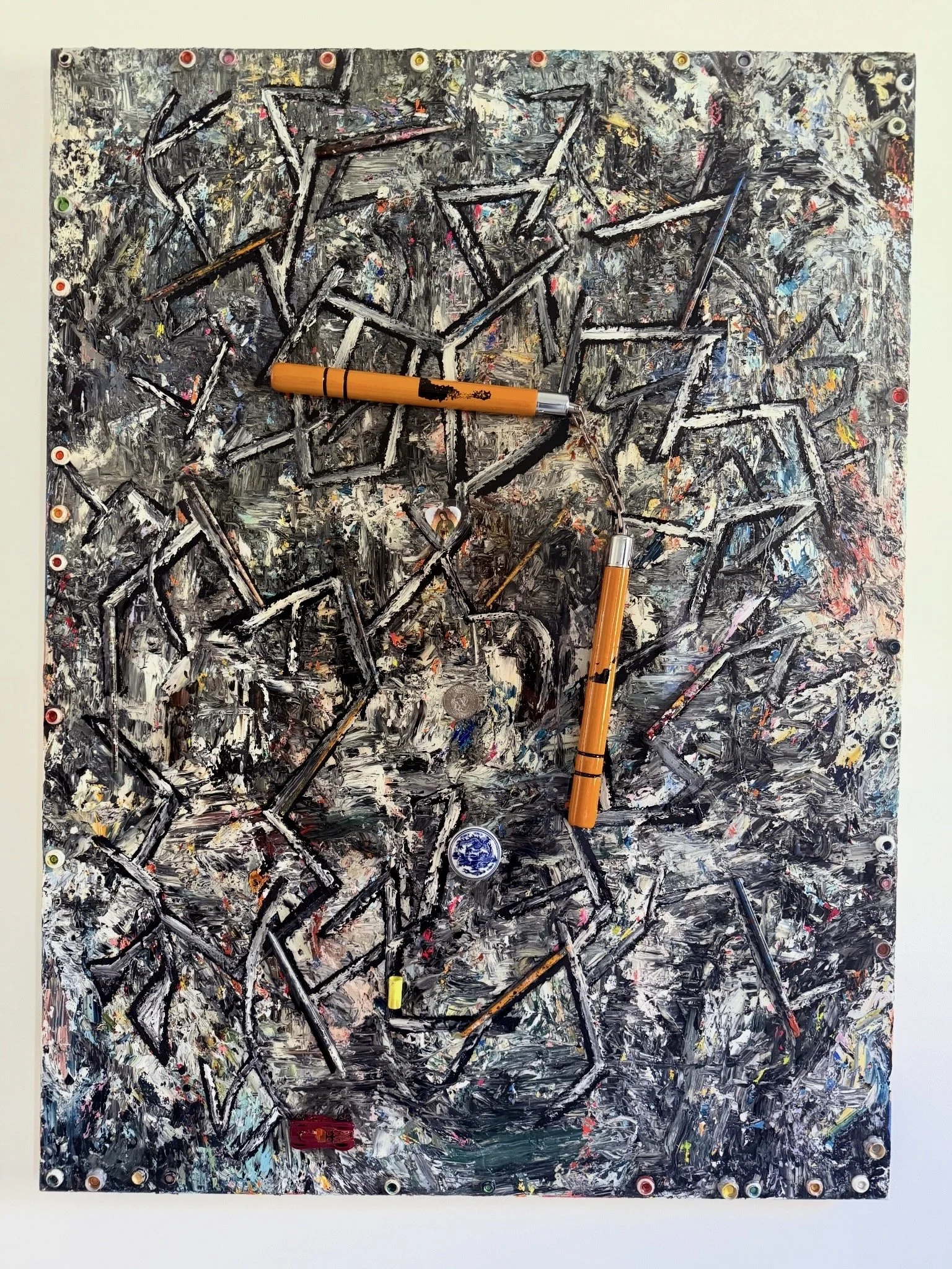 Nunchuck Collage, 2026, Oil acrylic ink on canvas, 48x36 in