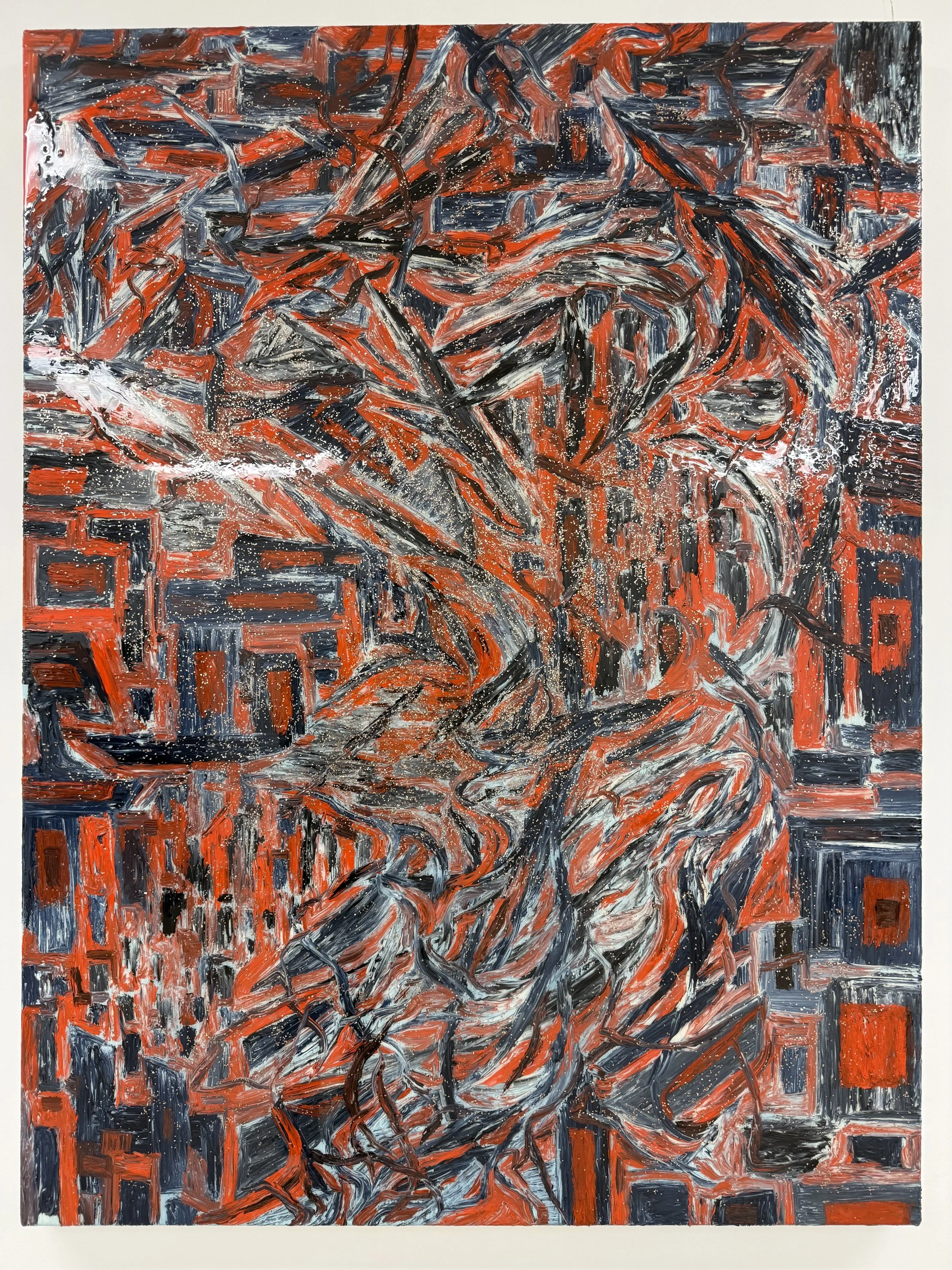 Red System, 2025-2026, Oil resin shards of glass on canvas, 48x36 in