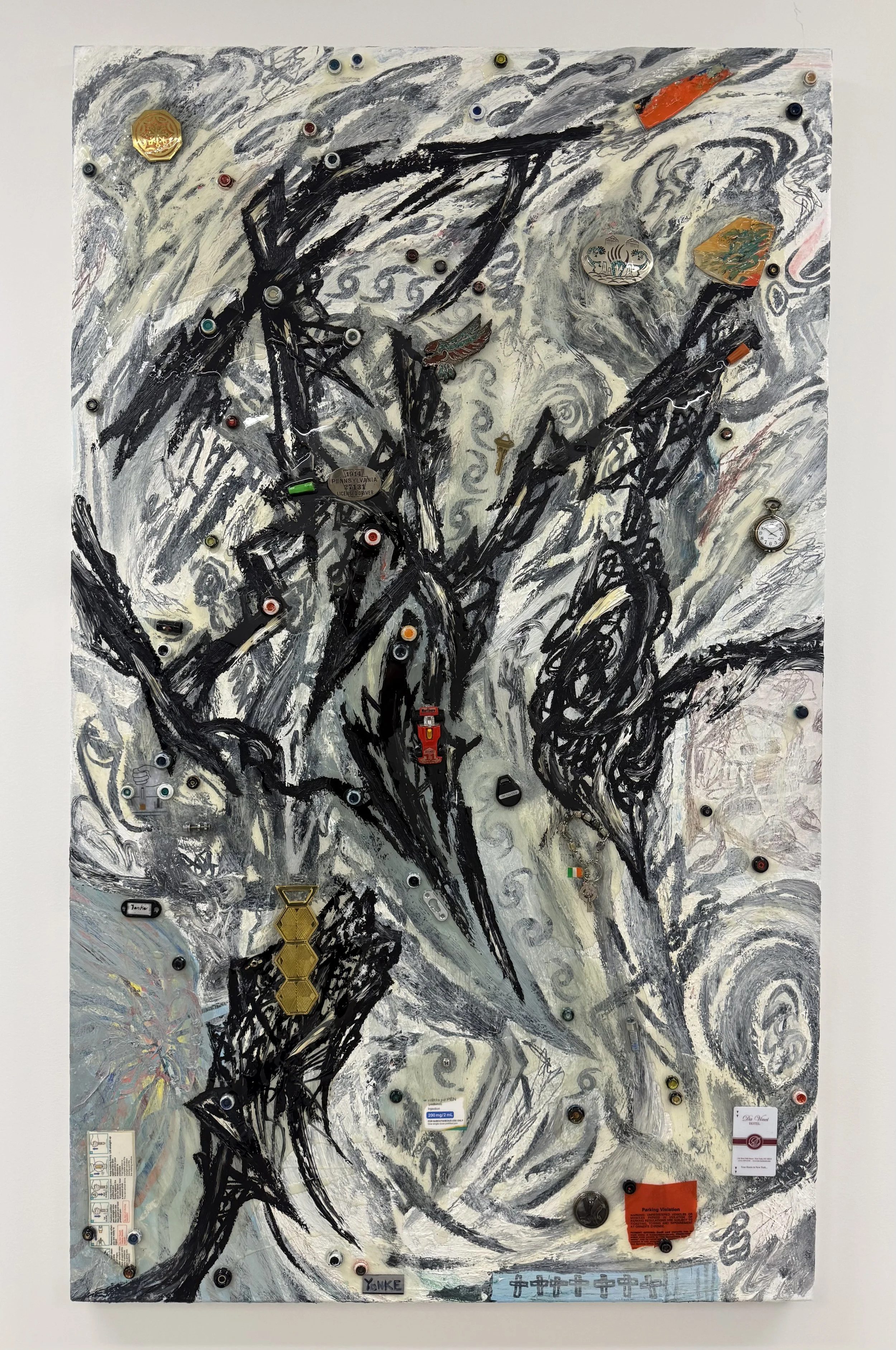 If you Hide, it Doesn’t Go Away, 2024-2026, Oil acrylic resin found objects, on canvas, 60x36 in