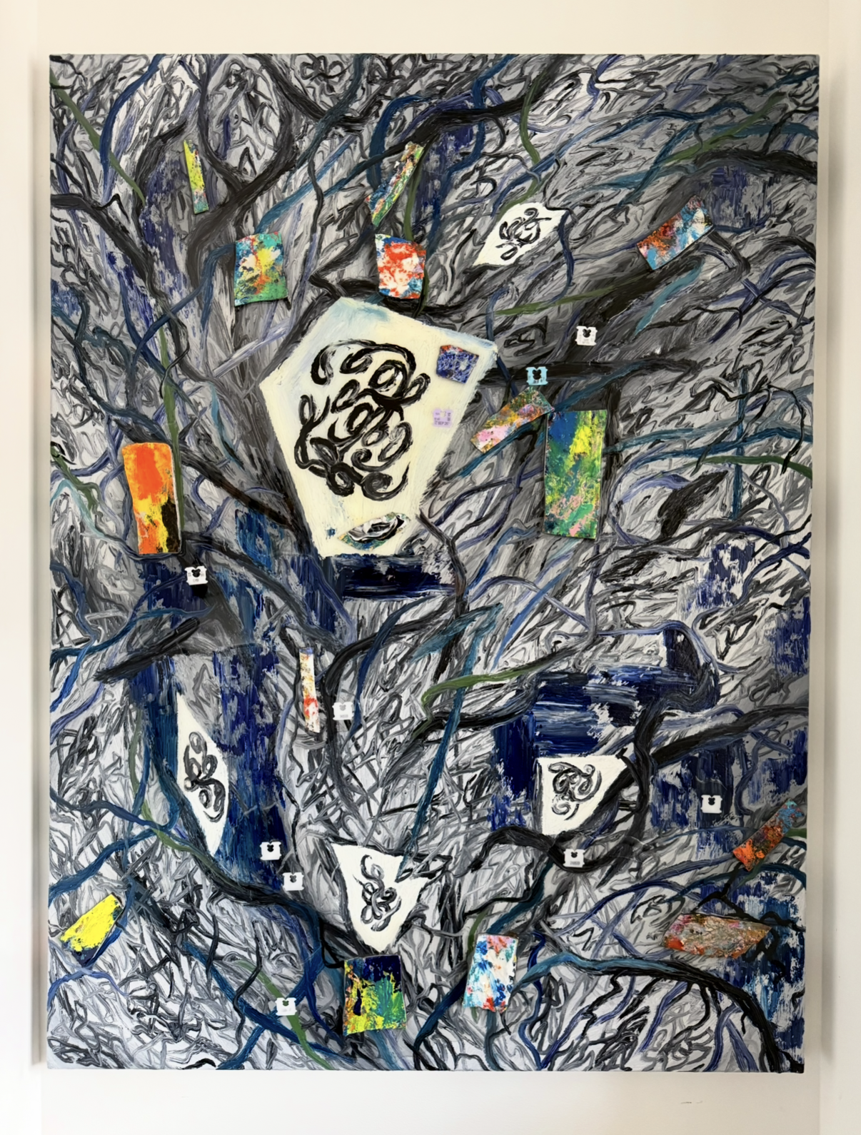 Cartography of Interference, 2026, Oil acrylic ink cardboard collage on canvas, 48x36 in