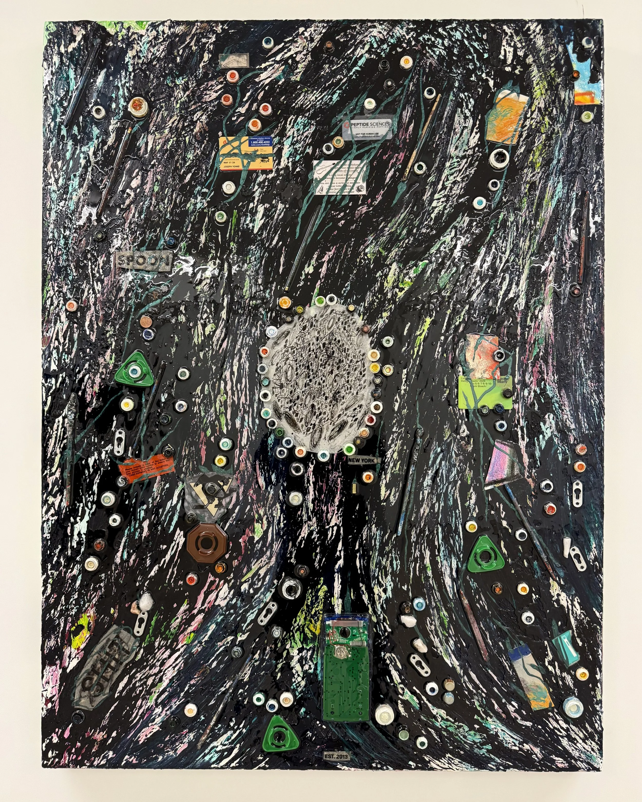 Signal Burial, 2026, Acrylic resin found objects on canvas, 48x36 in
