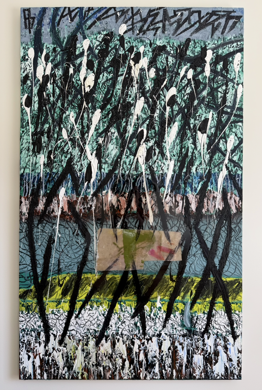 Field with Interference, 2026, Oil ink acrylic resin on canvas with collage, 60x36 in