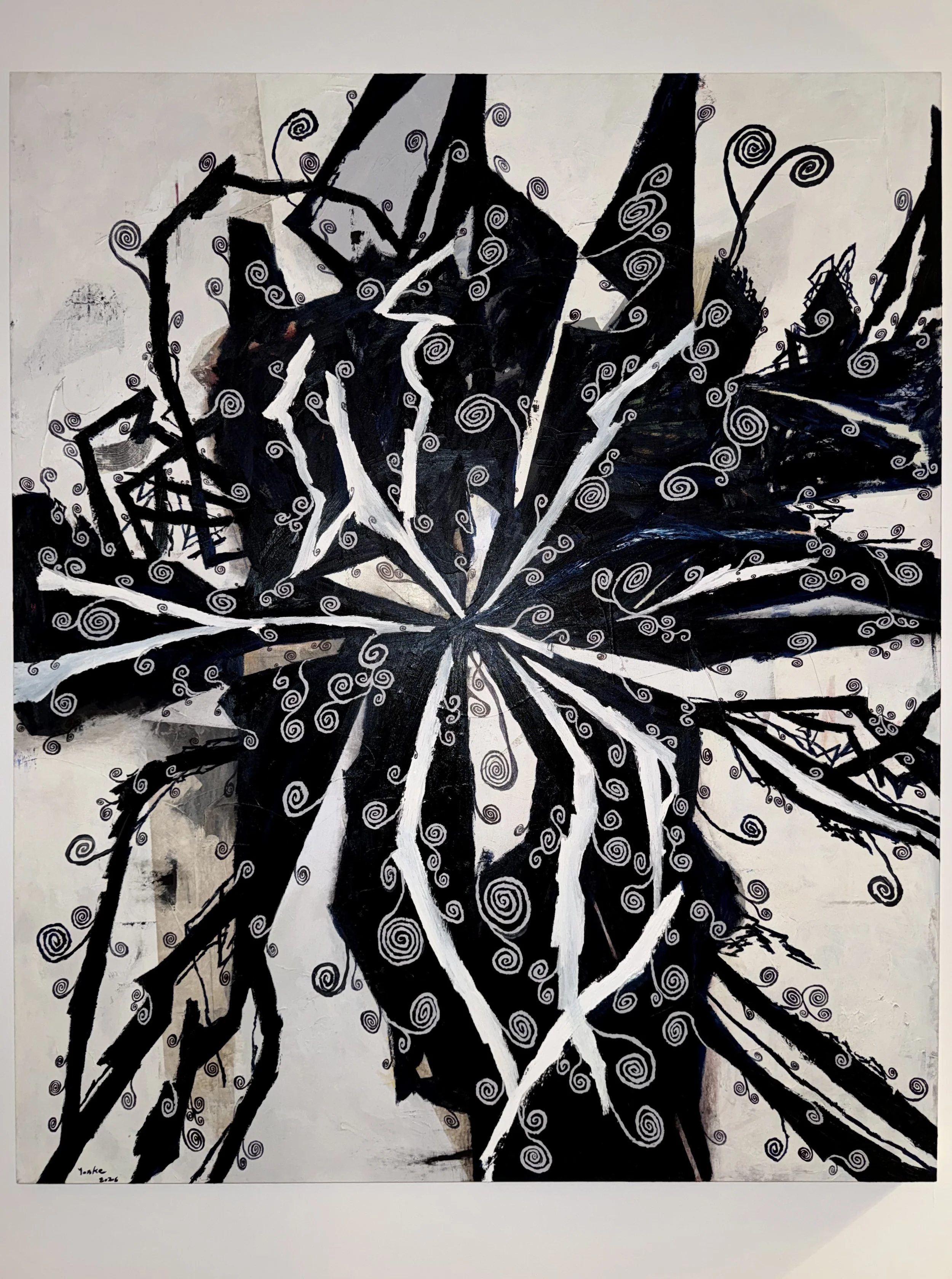 Triskelion II, 2026, Oil acrylic ink on canvas, 95x72 in