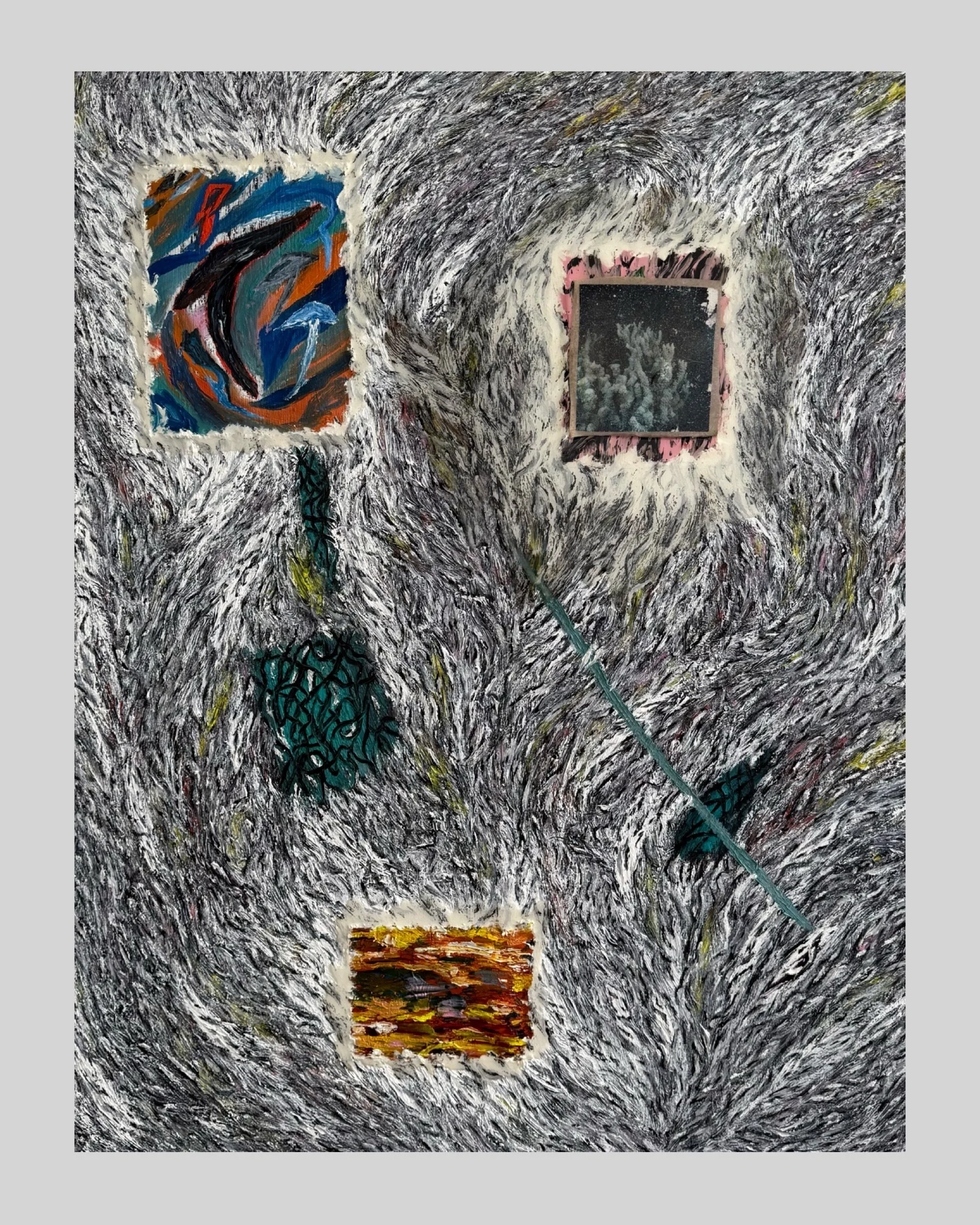 “Interruptions” 48” x 36” Oil, resin, staples on canvas (2026)