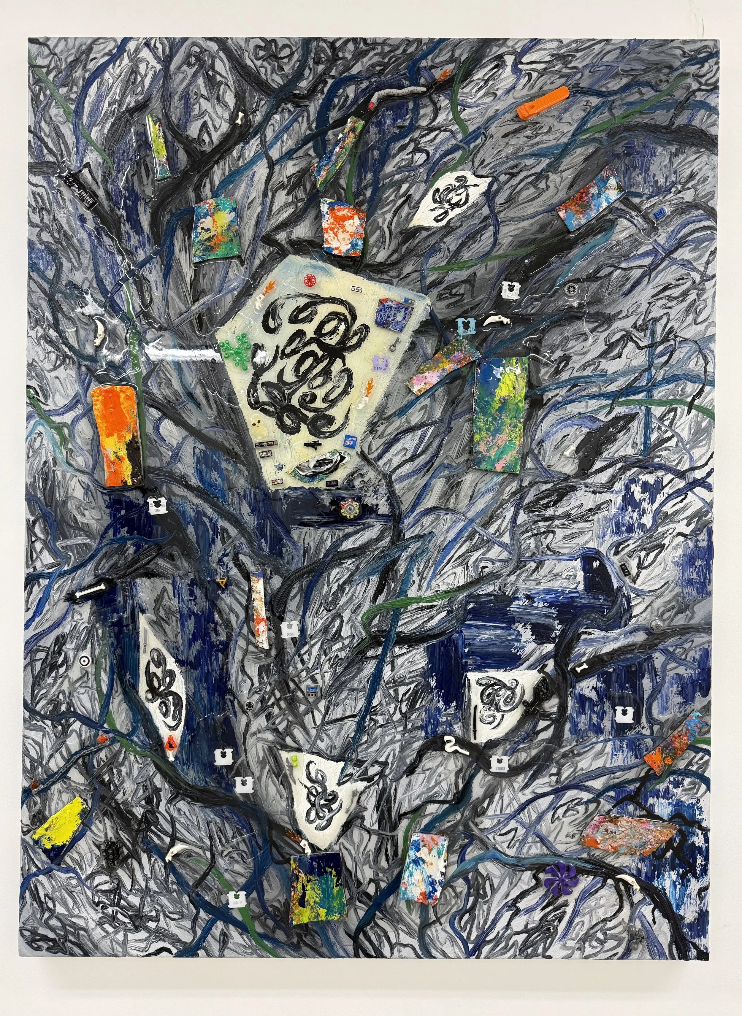 Cartography of Interference, 2026, Oil acrylic ink cardboard collage on canvas, 48x36 in