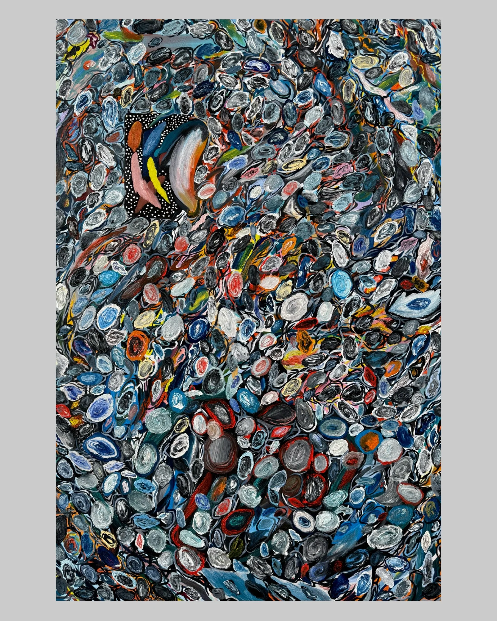 Abstract painting with swirling colors, crosses, and dots, featuring a chaotic composition of vivid blues, reds, orange, black, and white, with religious symbols like crosses and a central red cross over a dark face.