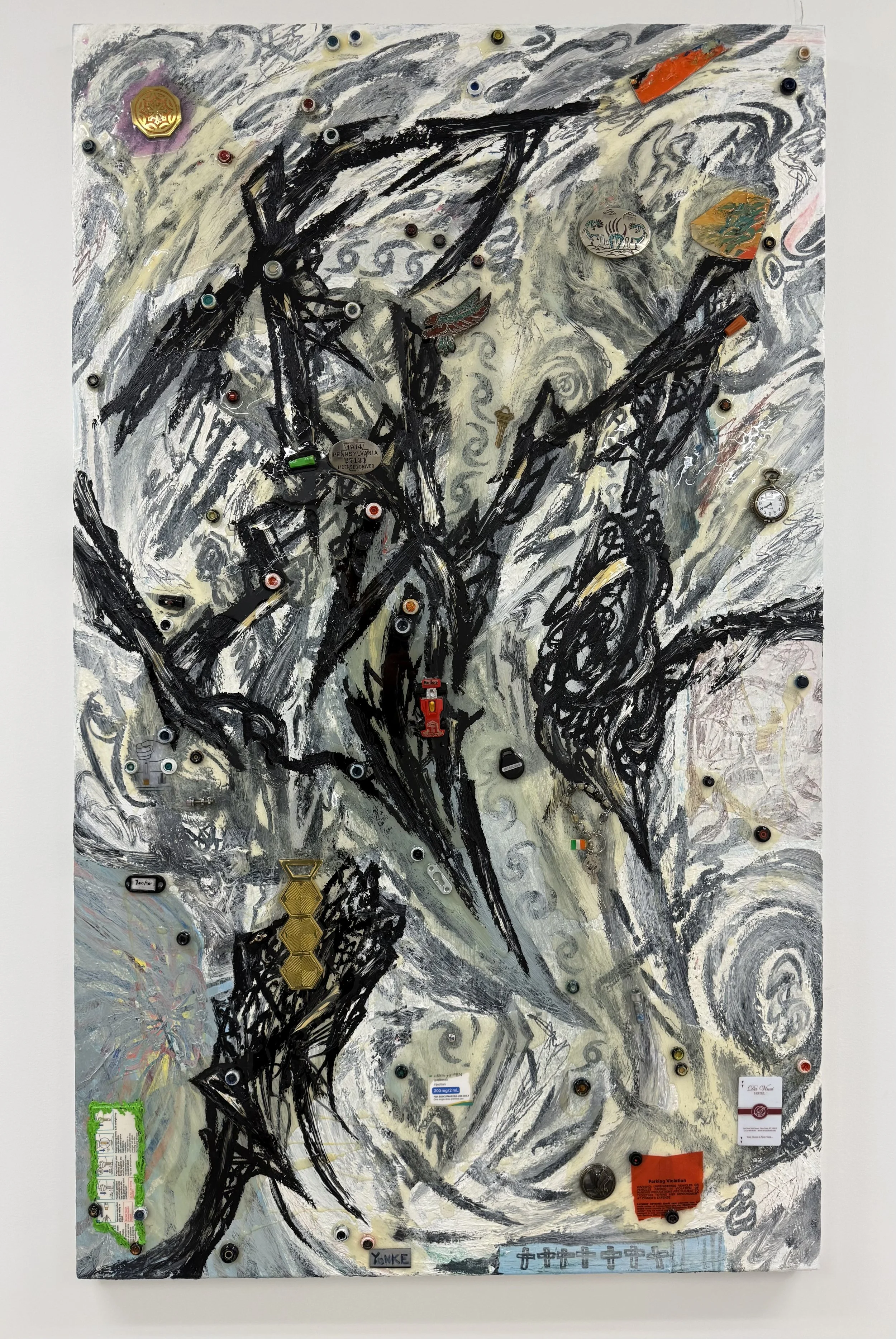 If you Hide it Doesn’t Go Away, 2024-2026, Oil acrylic resin found objects, on canvas, 60x36 in