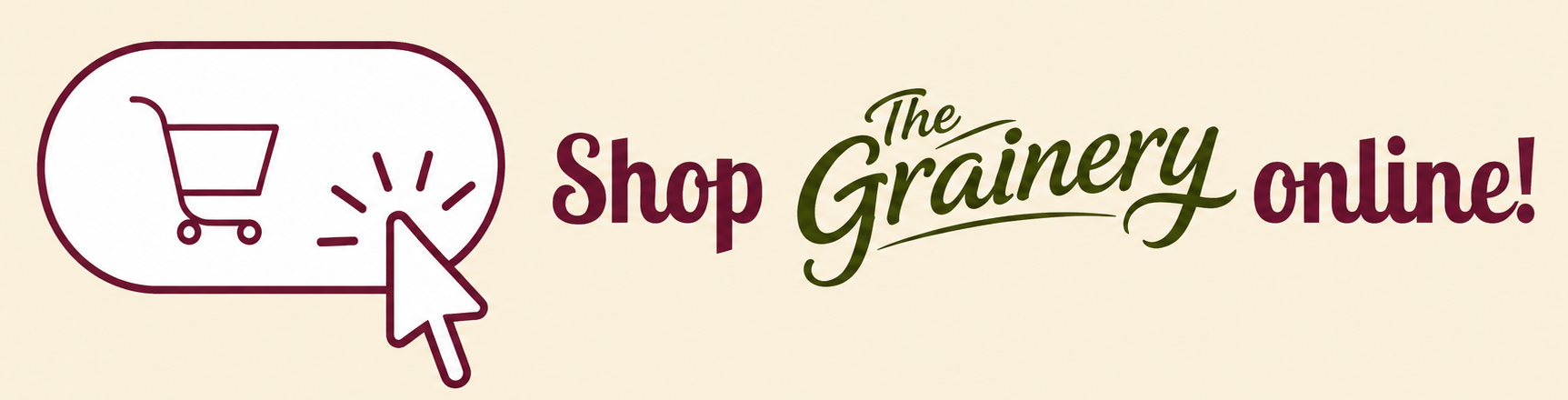 Online shop banner for The Grainery with shopping cart icon and clicking cursor.