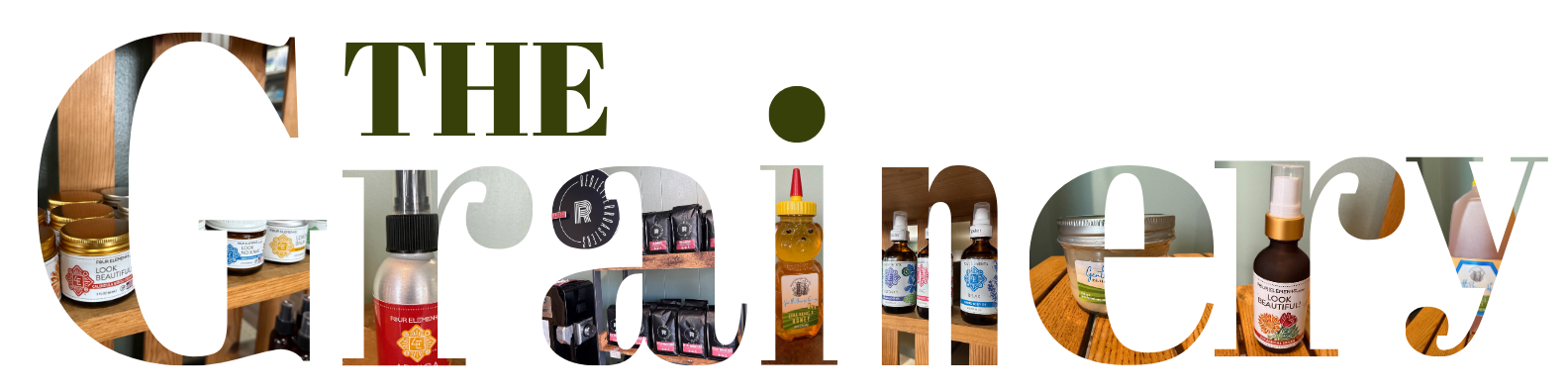 Various skincare and cosmetic products on a wooden shelf, including jars, bottles, and tubes, with some items labeled ‘look beautiful’ and a dropper bottle with a red label.