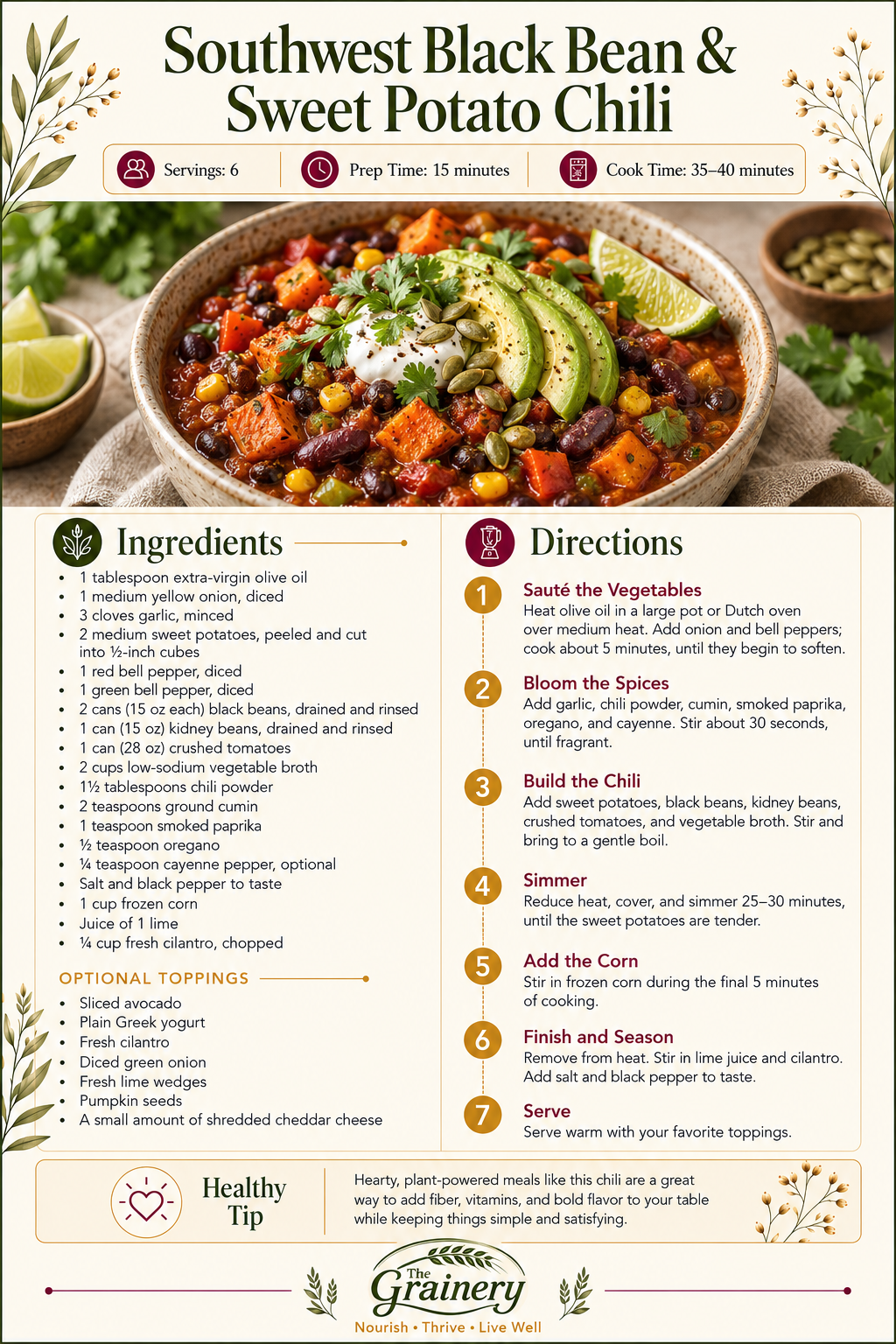 A bowl of Southwest Black Bean & Sweet Potato Chili garnished with avocado slices, cilantro, pumpkin seeds, and lime wedges. The recipe is displayed on the image with ingredients and step-by-step cooking instructions.