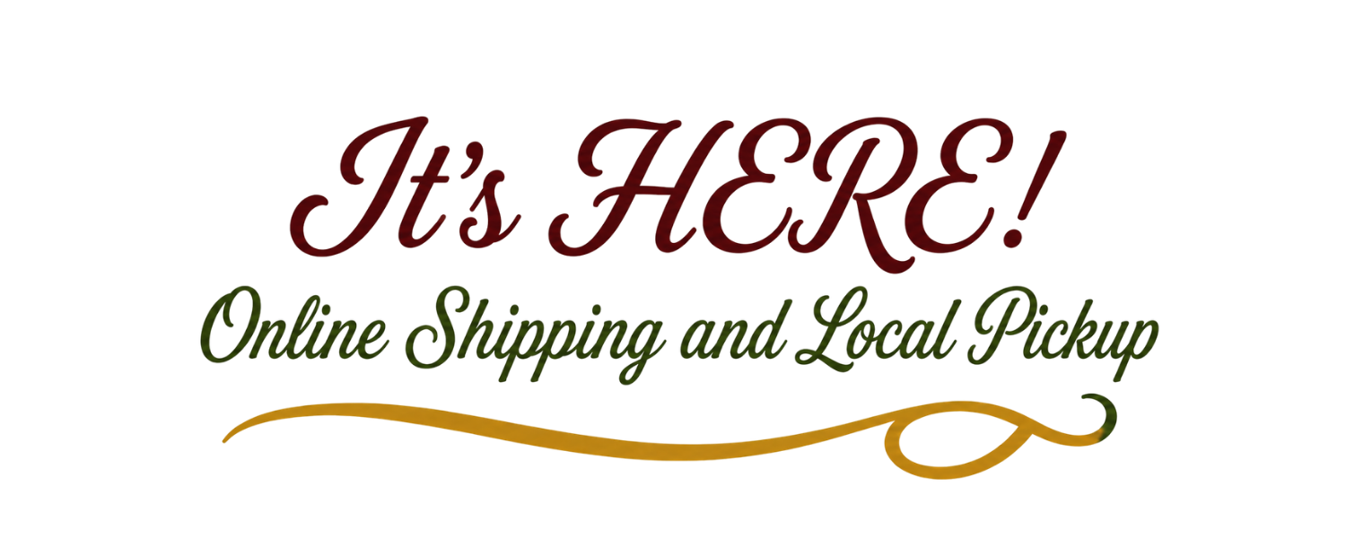 Text reads 'It's HERE! Online Shipping and Local Pickup' with red and green colors on a transparent background.