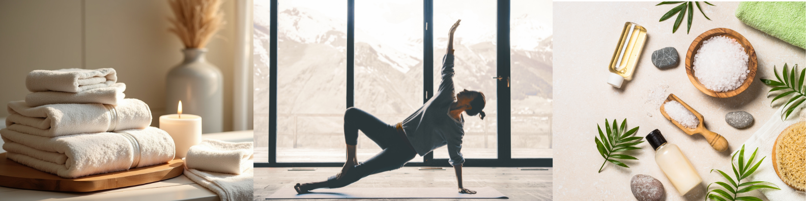 Set of neatly folded white towels and a lit candle on a tray in a spa or bathroom setting. Yoga instructor in a pose in front of floor-to-ceiling windows with a mountain view. Various spa and wellness products, including bath salts, oils, and natural decor, on a flat surface.