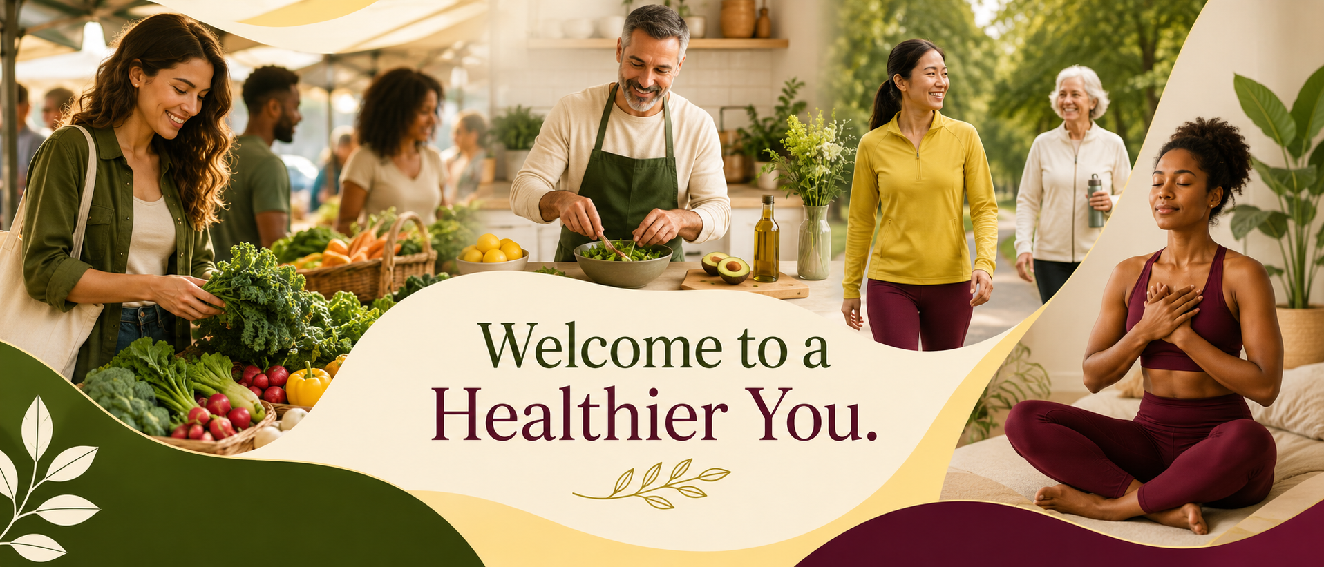 A collage featuring people shopping for fresh vegetables at a farmer's market, a man preparing a salad, a woman walking outdoors, an elderly woman holding a water bottle, and a young woman meditating indoors. The text overlay says, "Welcome to a Healthier You."