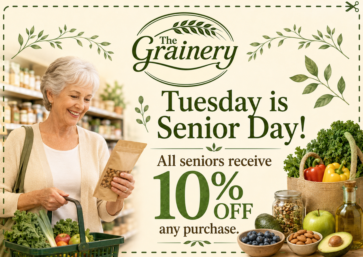 A smiling senior woman shopping in a grocery store, holding a pack of nuts and a shopping basket filled with fresh vegetables like lettuce, tomatoes, and green onions, with shelves of products in the background. The image promotes a senior discount event at a grocery store called "The Grainery," offering 10% off for seniors on Tuesday.