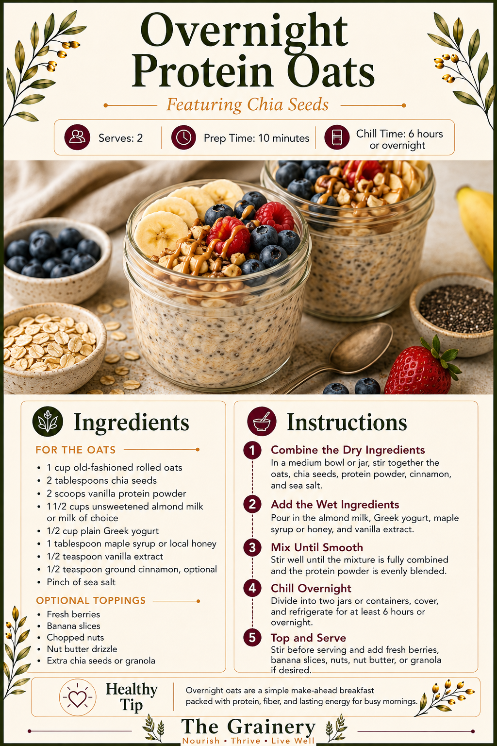 A recipe card for overnight protein oats featuring chia seeds, with jars of oats topped with bananas, blueberries, raspberries, nuts, and seeds on a beige surface, surrounded by bowls of blueberries, oats, and chia seeds, and a strawberry on the side.