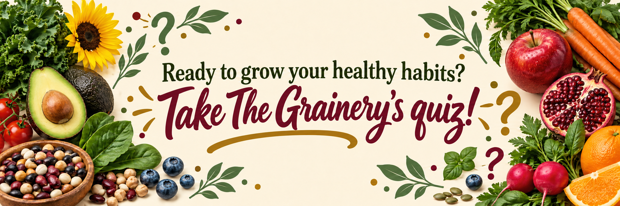 A digital poster with various fresh fruits and vegetables such as avocado, tomatoes, carrots, apple, pomegranate, blueberries, and leafy greens. The poster features the text: "Ready to grow your healthy habits? Take The Gainerly's quiz!" and decorative leaves, question marks, and colorful confetti.