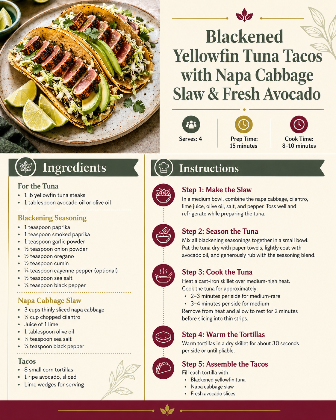 Plate of blackened yellowfin tuna tacos with avocado slices, sliced lime, and cilantro, on a speckled ceramic plate.