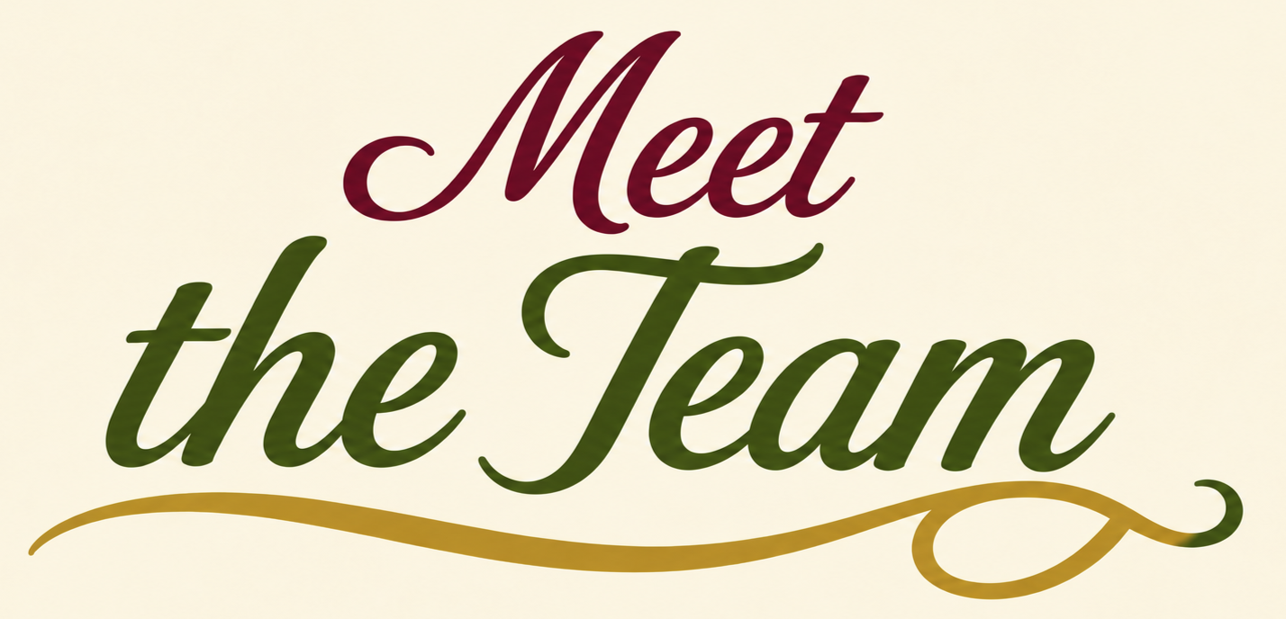 Text reads 'Meet the Team' with decorative swirls, in red, green, and gold colors.