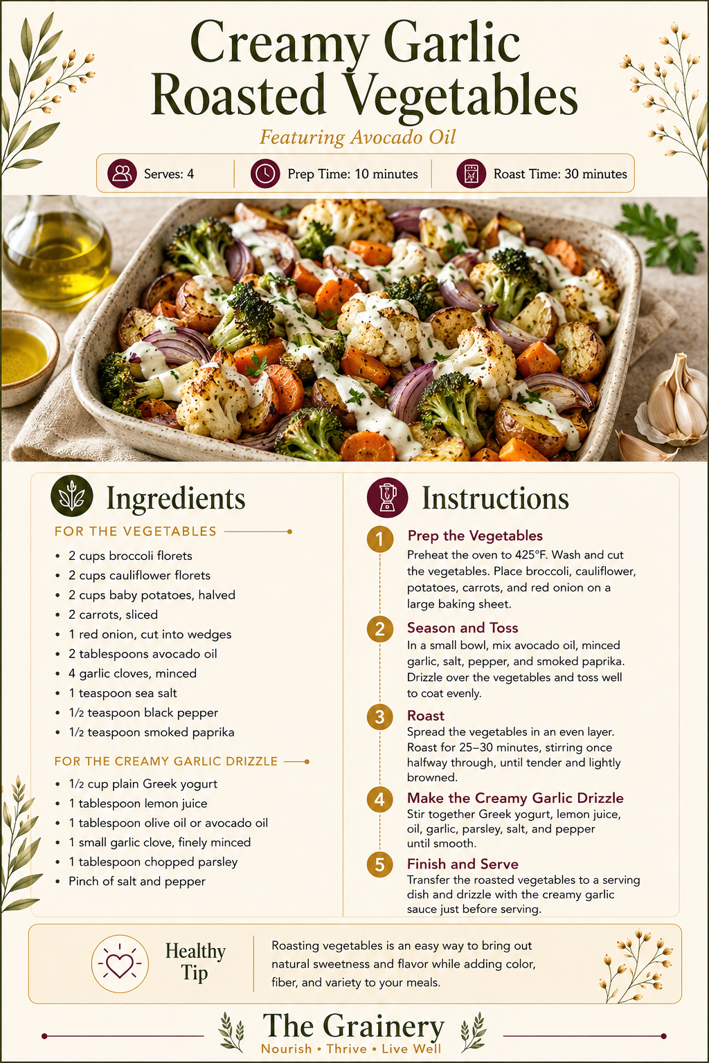 Recipe for creamy garlic roasted vegetables featuring broccoli, cauliflower, carrots, potatoes, and onion, garnished with herbs and drizzled with a creamy garlic sauce.