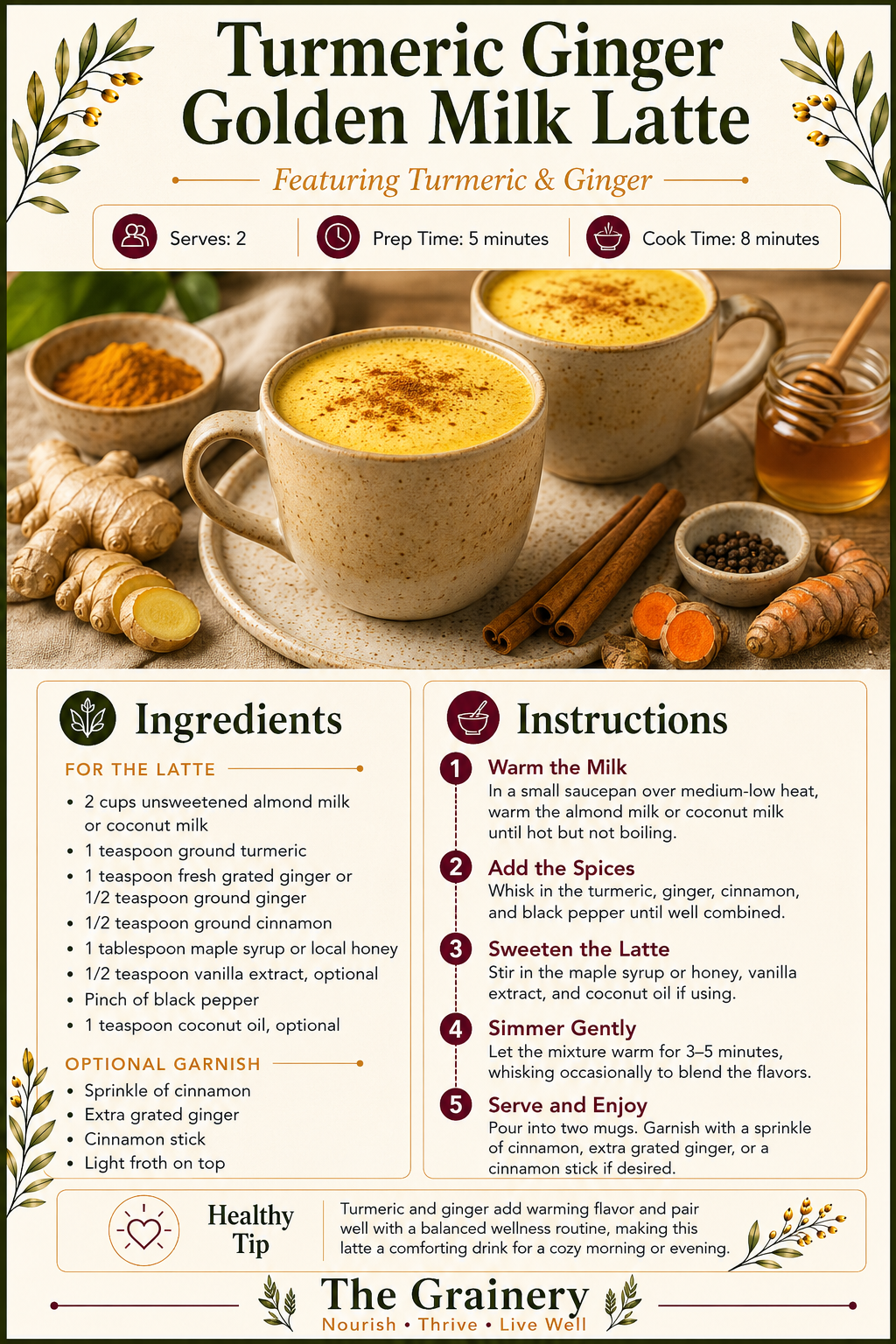 A recipe card for turmeric ginger golden milk latte featuring two mugs of the latte, with turmeric, ginger, cinnamon, honey, black pepper, and ginger root around them, along with honey, cinnamon sticks, and peppercorns.
