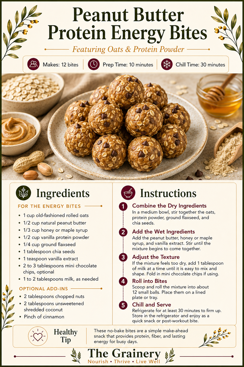 A recipe poster for peanut butter protein energy bites featuring a photo of the energy bites on a white plate, with ingredients and instructions outlined below. Includes oats, peanut butter, honey, vanilla protein powder, flaxseed, chia seeds, vanilla extract, optional chocolate chips, milk, and optional add-ins like chopped nuts, shredded coconut, and cinnamon.