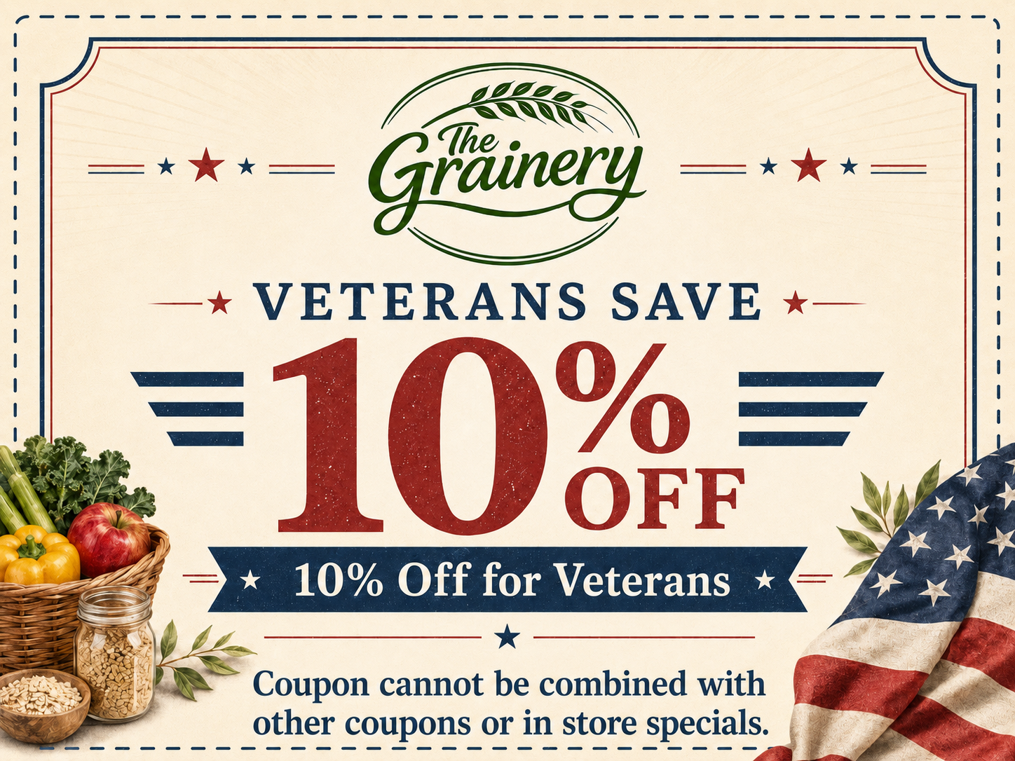 A promotional coupon for a grocery store offering 10% off for veterans. The coupon is decorated with images of fresh vegetables, a jar of grains, and an American flag-themed cloth. The text highlights the discount and notes it cannot be combined with other offers.