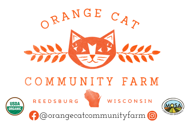 Logo for Orange Cat Community Farm with an orange cat face, the farm's location in Reedsburg, Wisconsin, and social media icons.