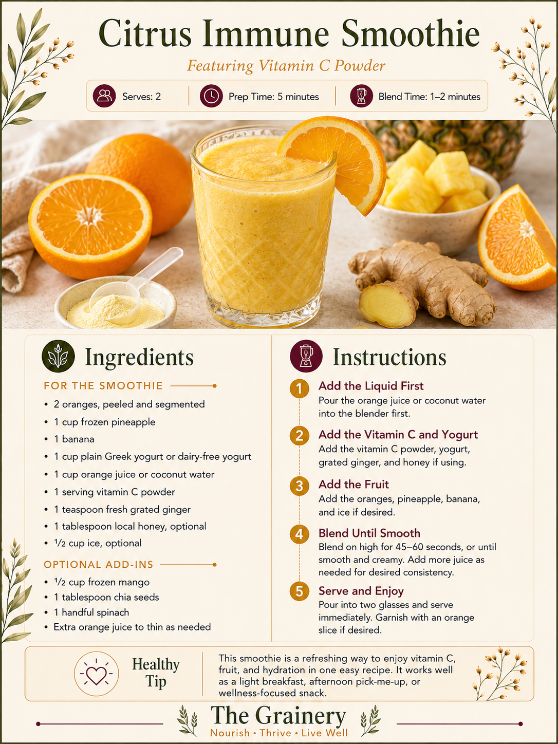 A recipe poster for Citrus Immune Smoothie featuring vitamin C powder. The poster shows fresh oranges, pineapple, banana, ginger, yogurt, and honey ingredients, along with a glass of orange-colored smoothie garnished with an orange slice. Instructions include adding liquids, powders, fruit, blending, and serving.
