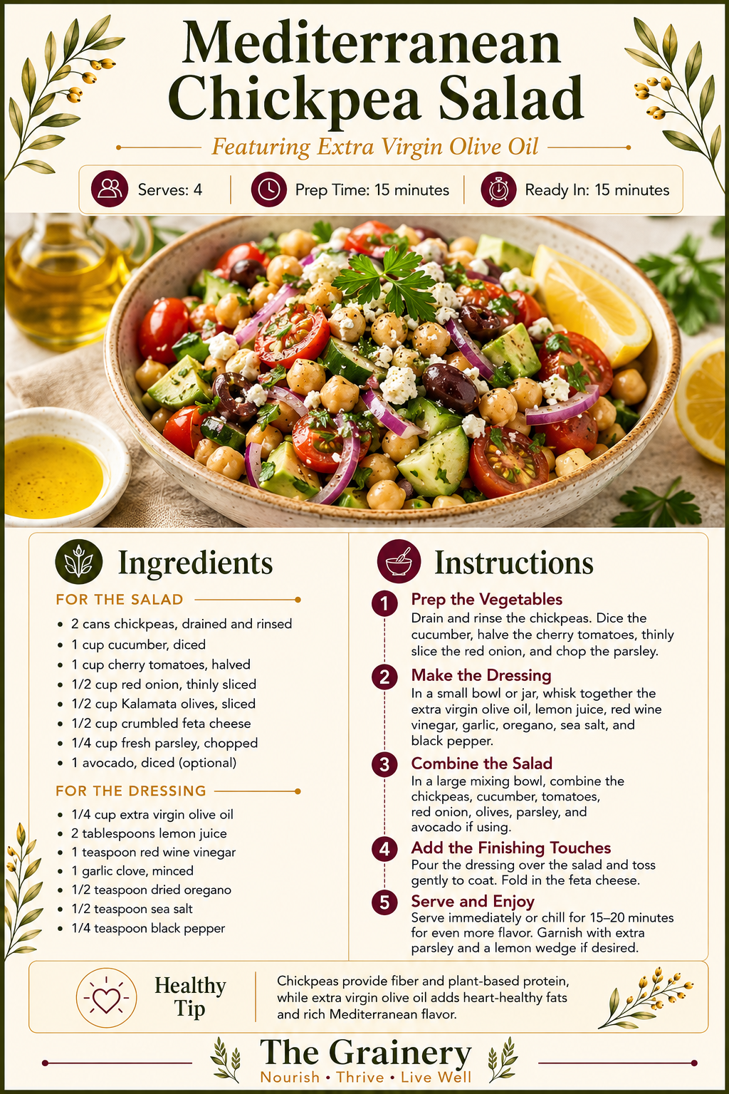A bowl of Mediterranean chickpea salad with cherry tomatoes, cucumbers, red onion, Kalamata olives, feta cheese, parsley, and lemon wedges, surrounded by a small bottle of olive oil, lemon slices, and fresh parsley.